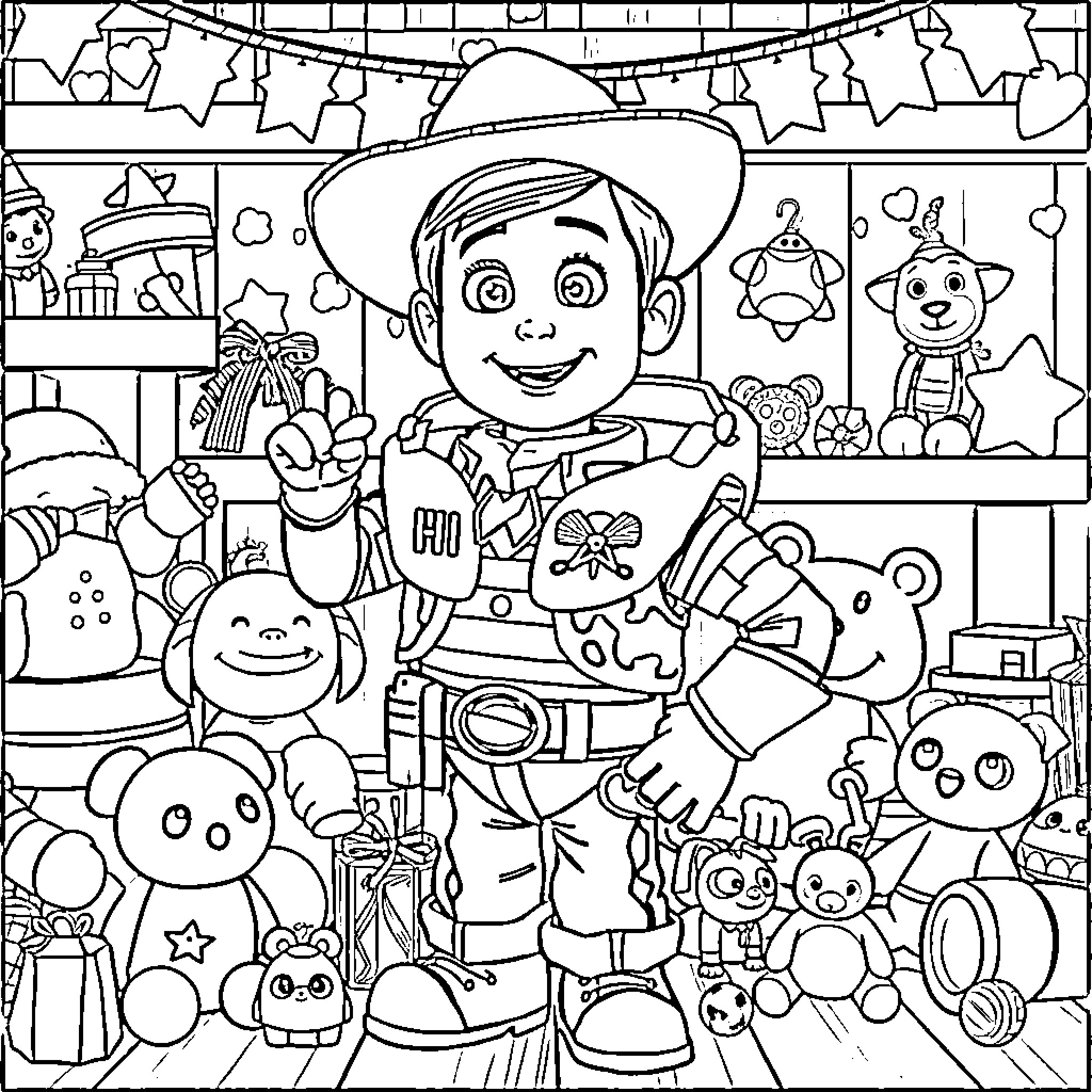 Lucas Surrounded by Toys and Accessories in Playroom Coloring Page (free black-and-white line drawing printable PDF for all, from beginners to advanced learners, including children, teens, adults, and seniors)