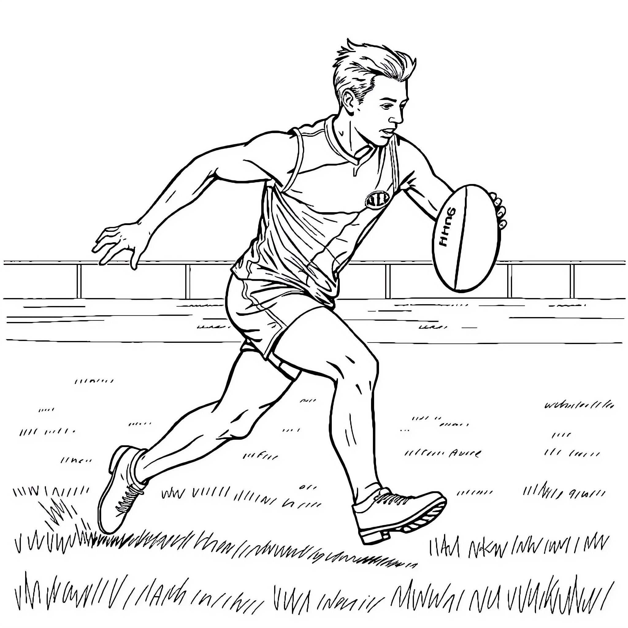 Man playing rugby on the field Coloring Page (free black-and-white line drawing printable PDF for all, from beginners to advanced learners, including children, teens, adults, and seniors)