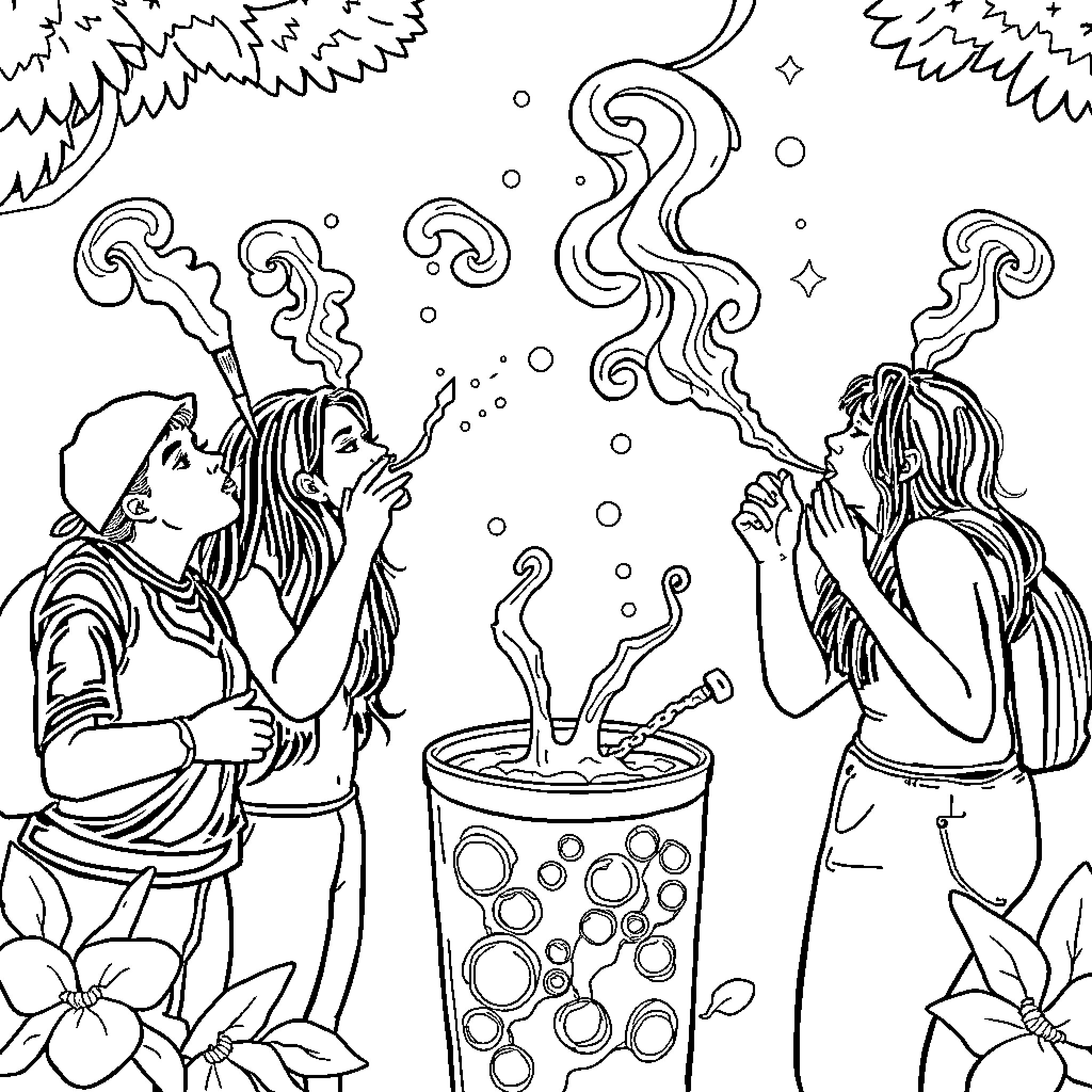 Person enjoying hot beverage with a friend Coloring Page (free black-and-white line drawing printable PDF for all, from beginners to advanced learners, including children, teens, adults, and seniors)