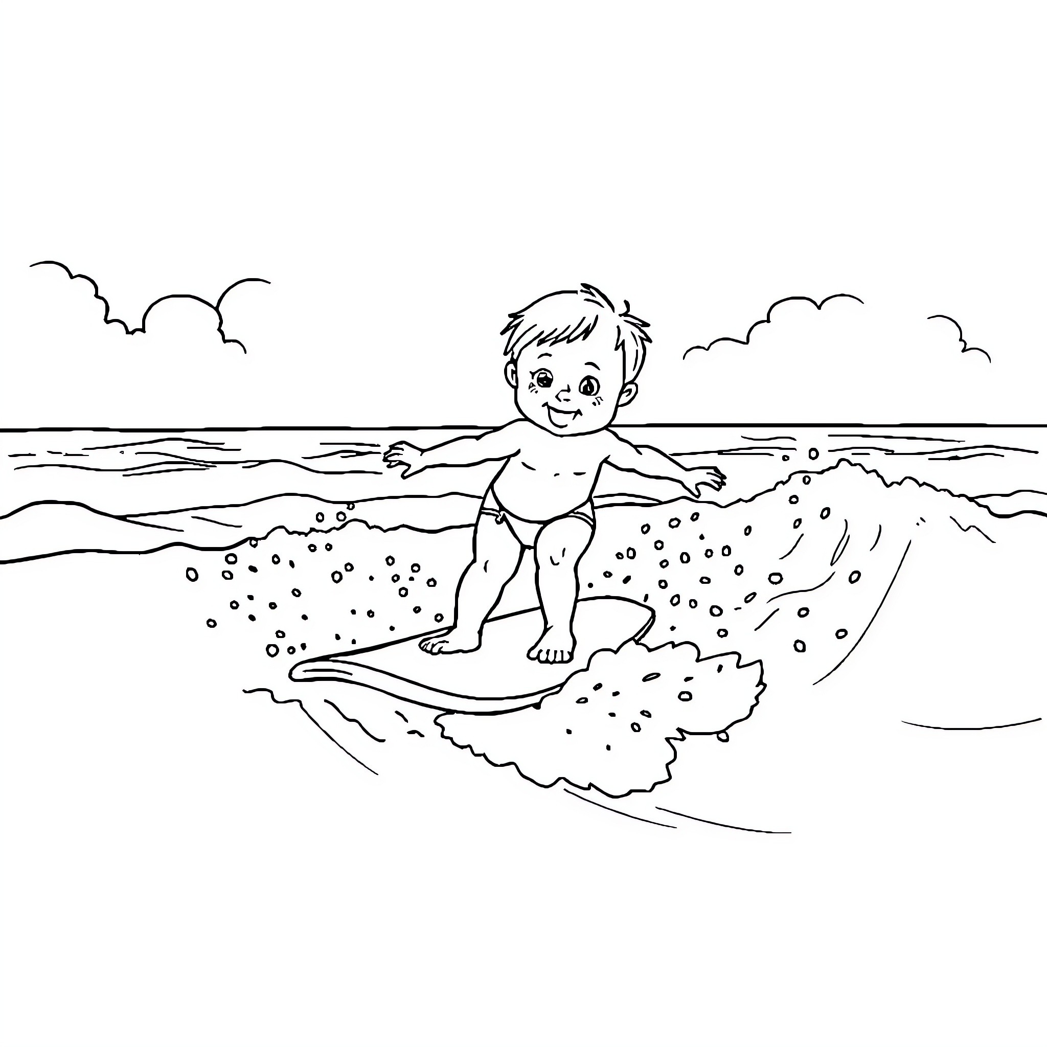 Baby playing happily on the beach Coloring Page (free black-and-white line drawing printable PDF for all, from beginners to advanced learners, including children, teens, adults, and seniors)