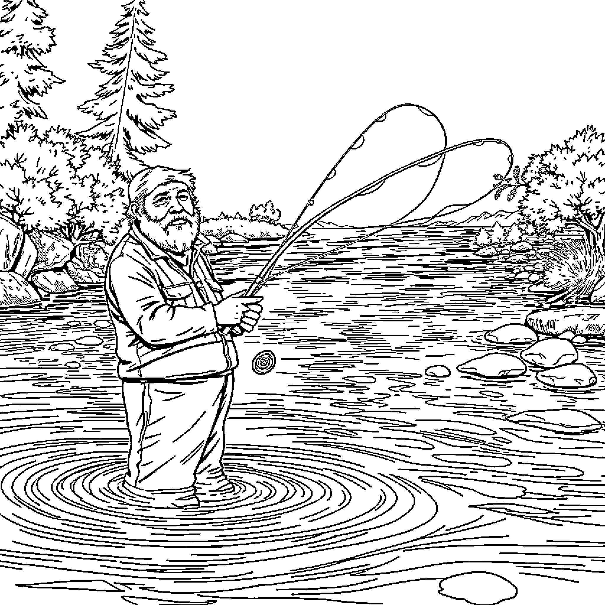 Man fishing by the serene forest river Coloring Page (free black-and-white line drawing printable PDF for all, from beginners to advanced learners, including children, teens, adults, and seniors)
