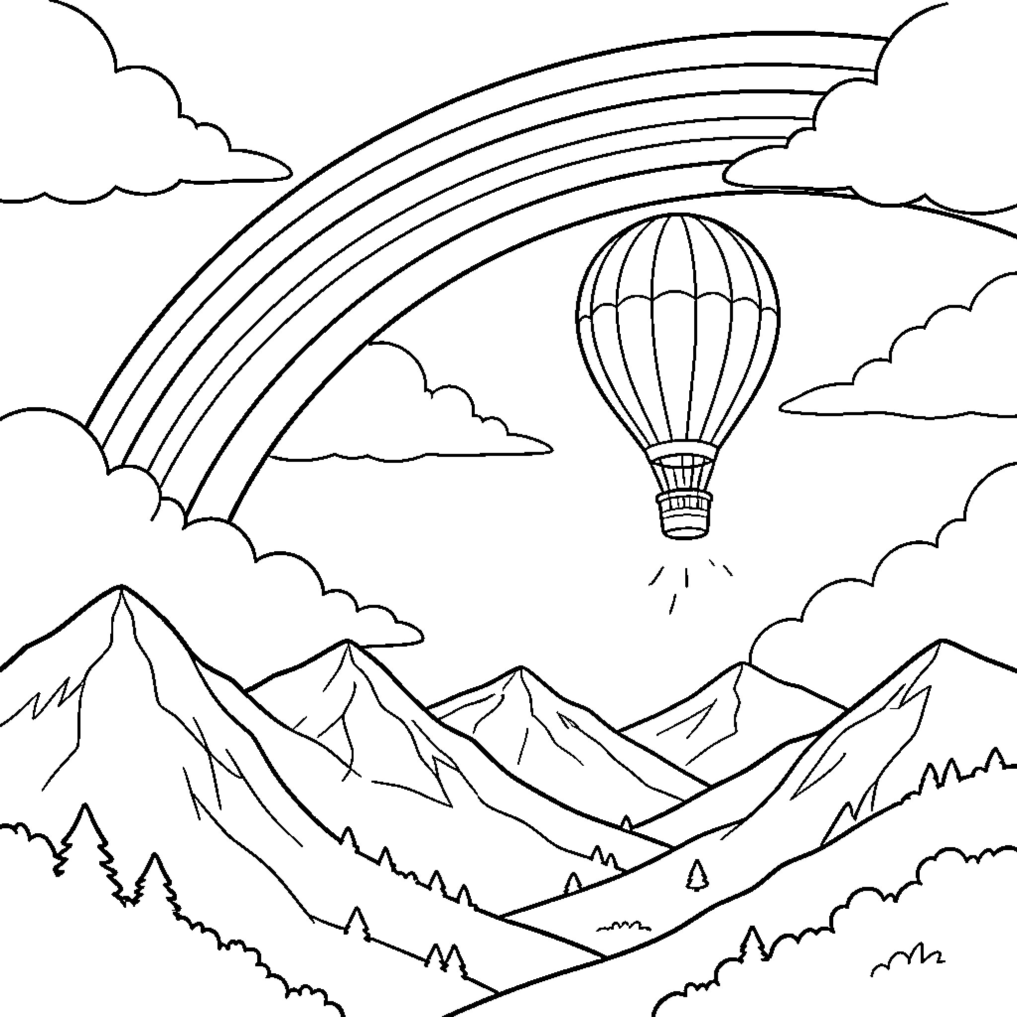 Rainbow adventure in the mountains Coloring Page (free black-and-white line drawing printable PDF for all, from beginners to advanced learners, including children, teens, adults, and seniors)