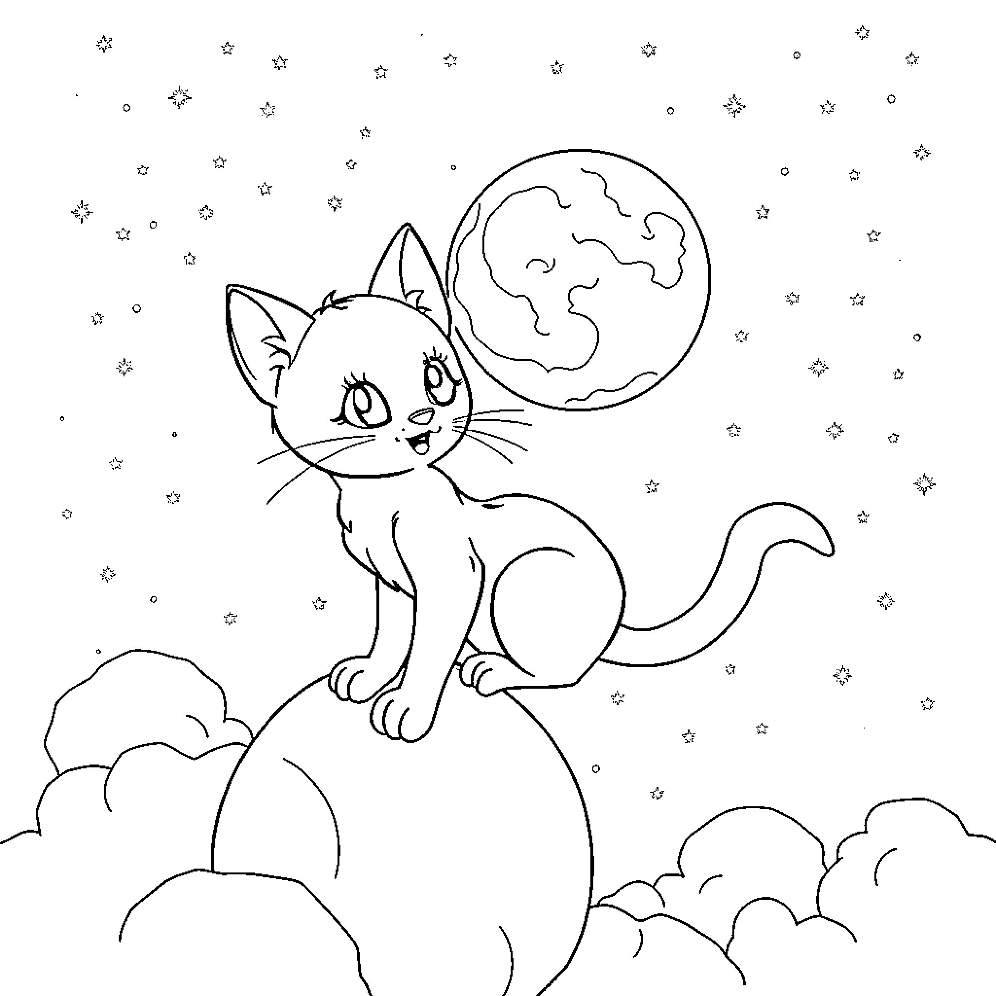 Marie's Cosmic Feline Adventure Coloring Page (free black-and-white line drawing printable PDF for all, from beginners to advanced learners, including children, teens, adults, and seniors)