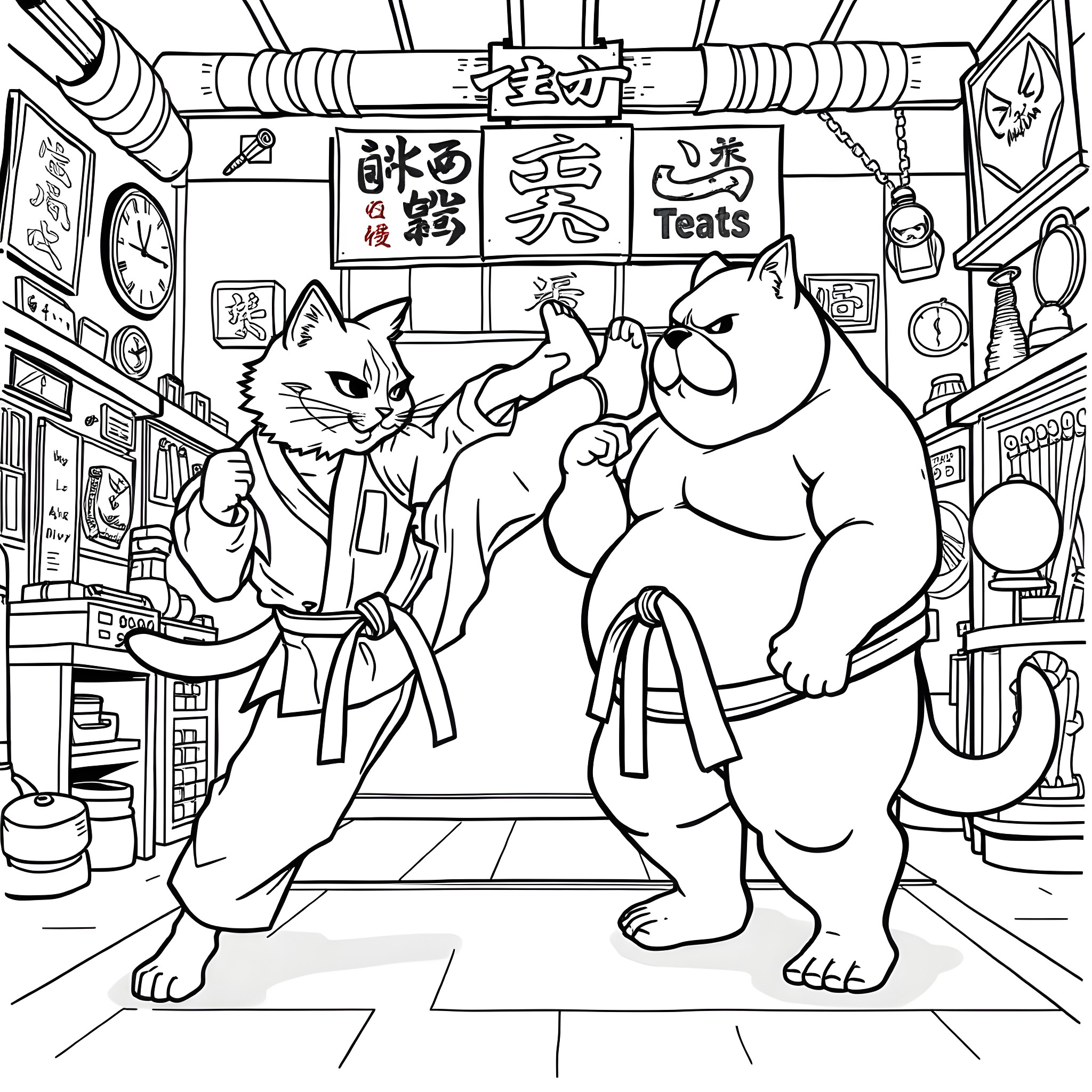Cats in a Japanese-style shop Coloring Page (free black-and-white line drawing printable PDF for all, from beginners to advanced learners, including children, teens, adults, and seniors)