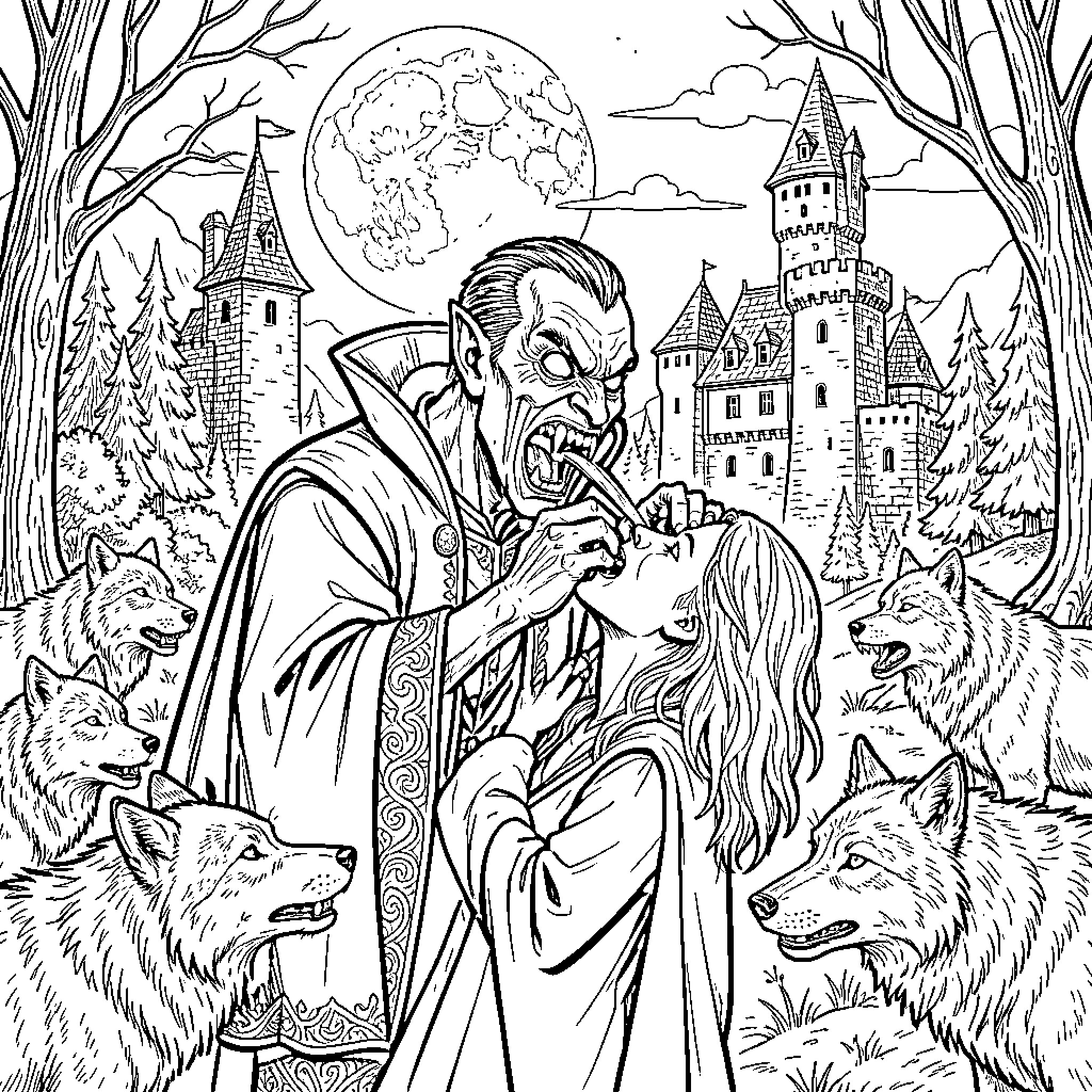 Vampire baring fangs while surrounding by wolves Coloring Page (free black-and-white line drawing printable PDF for all, from beginners to advanced learners, including children, teens, adults, and seniors)
