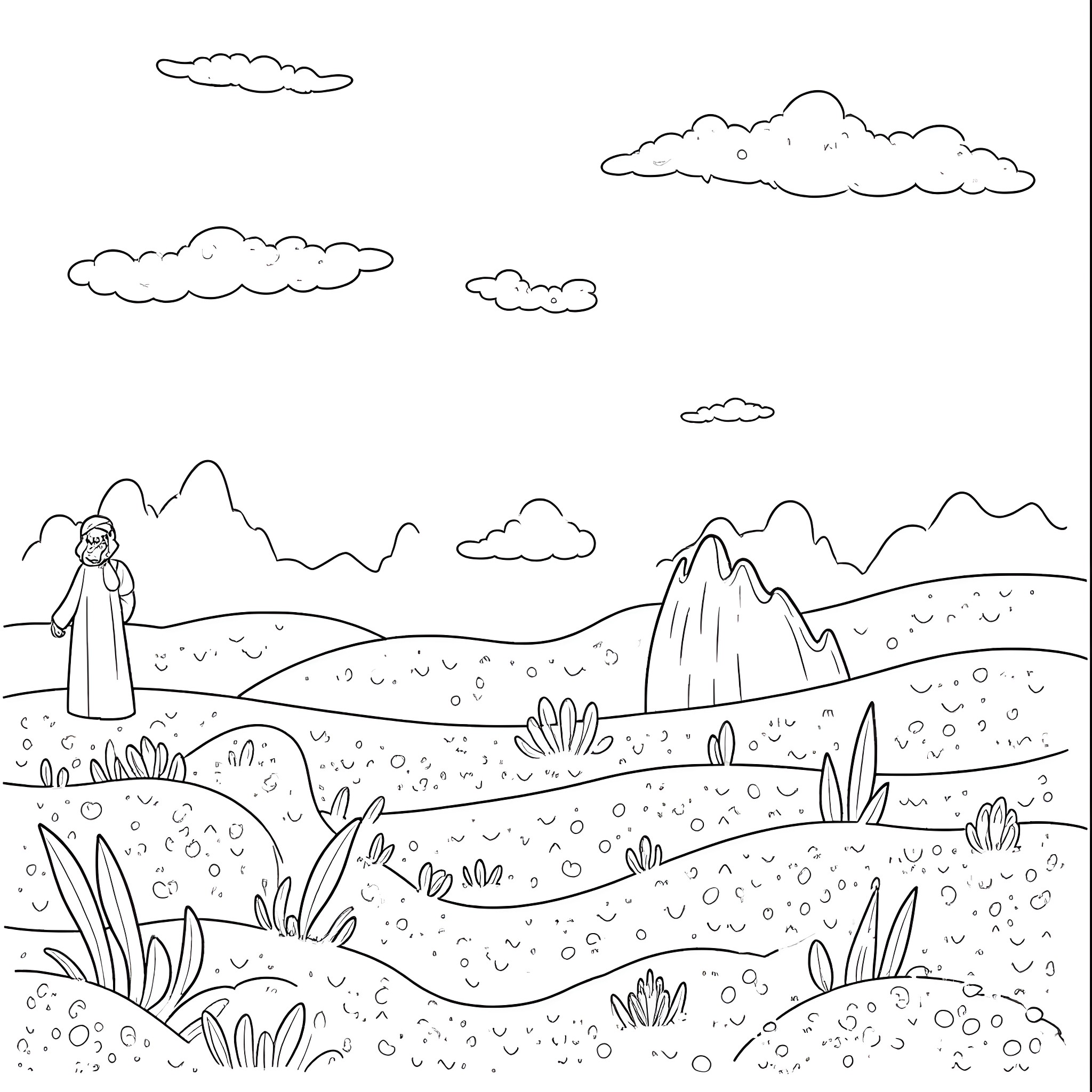 Genesis of a Serene Landscape Coloring Page (free black-and-white line drawing printable PDF for all, from beginners to advanced learners, including children, teens, adults, and seniors)