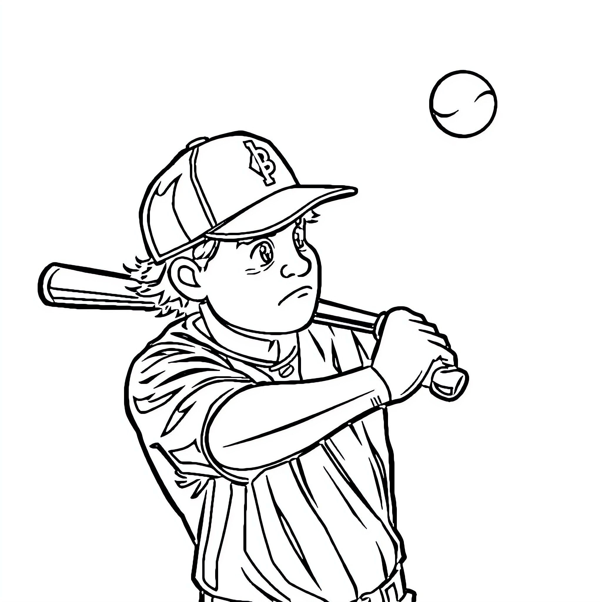Baseball Player Batting with Intensity Coloring Page (free black-and-white line drawing printable PDF for all, from beginners to advanced learners, including children, teens, adults, and seniors)