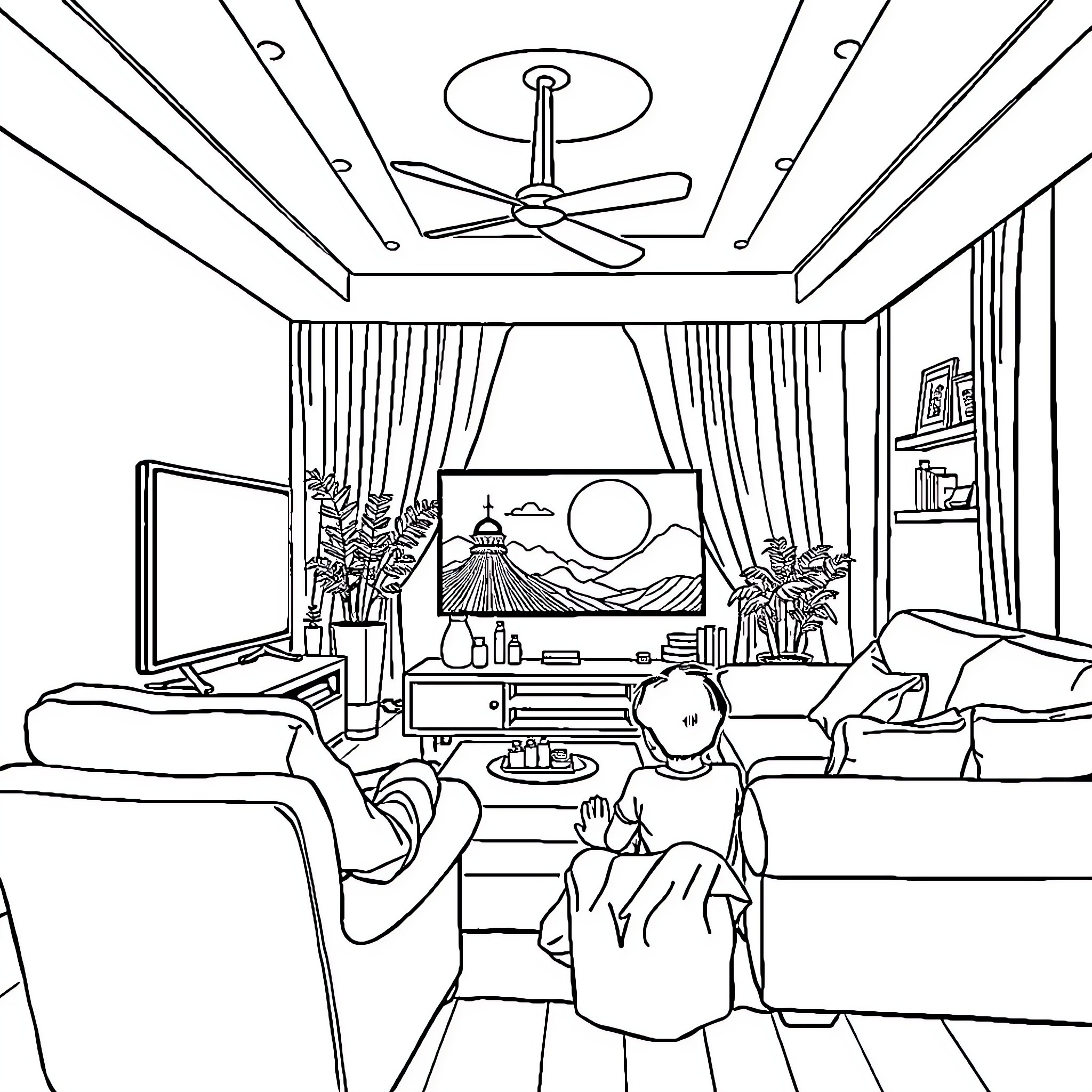 TV room with cozy furnishings and scenic artwork Coloring Page (free black-and-white line drawing printable PDF for all, from beginners to advanced learners, including children, teens, adults, and seniors)