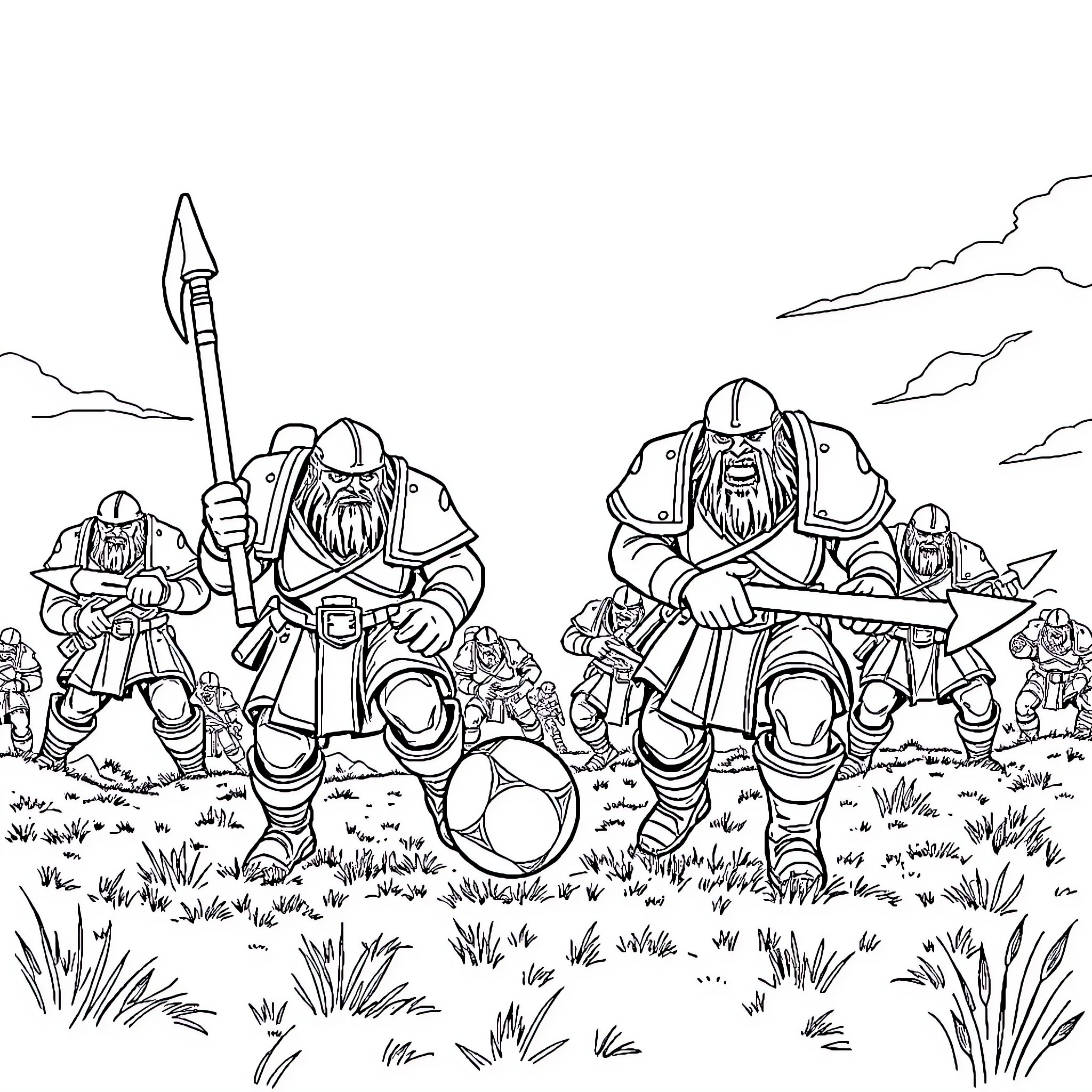 Warhammer warriors in battle formation Coloring Page (free black-and-white line drawing printable PDF for all, from beginners to advanced learners, including children, teens, adults, and seniors)