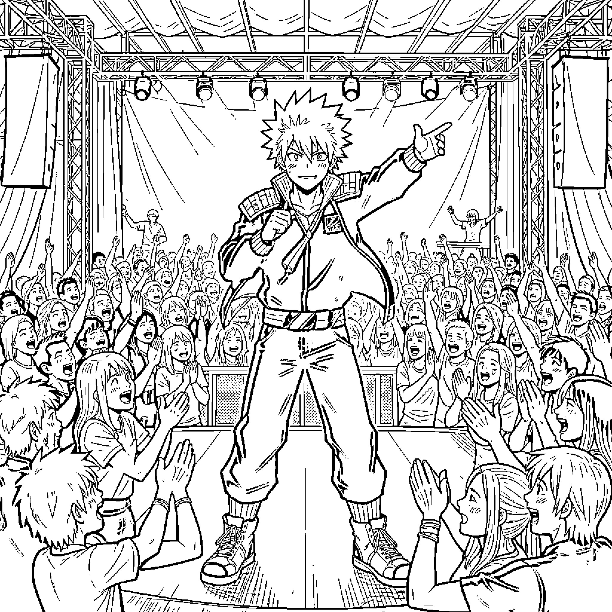Gojo performing energetically on a stage before a crowd Coloring Page (free black-and-white line drawing printable PDF for all, from beginners to advanced learners, including children, teens, adults, and seniors)