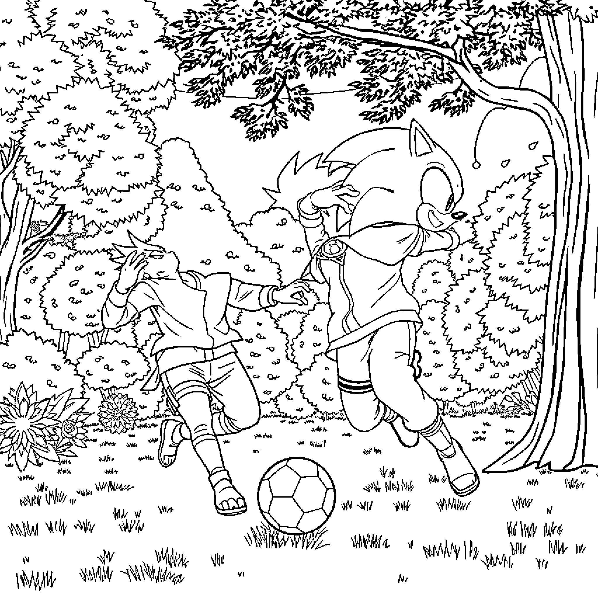 Naruto and friends playing soccer in the forest Coloring Page (free black-and-white line drawing printable PDF for all, from beginners to advanced learners, including children, teens, adults, and seniors)