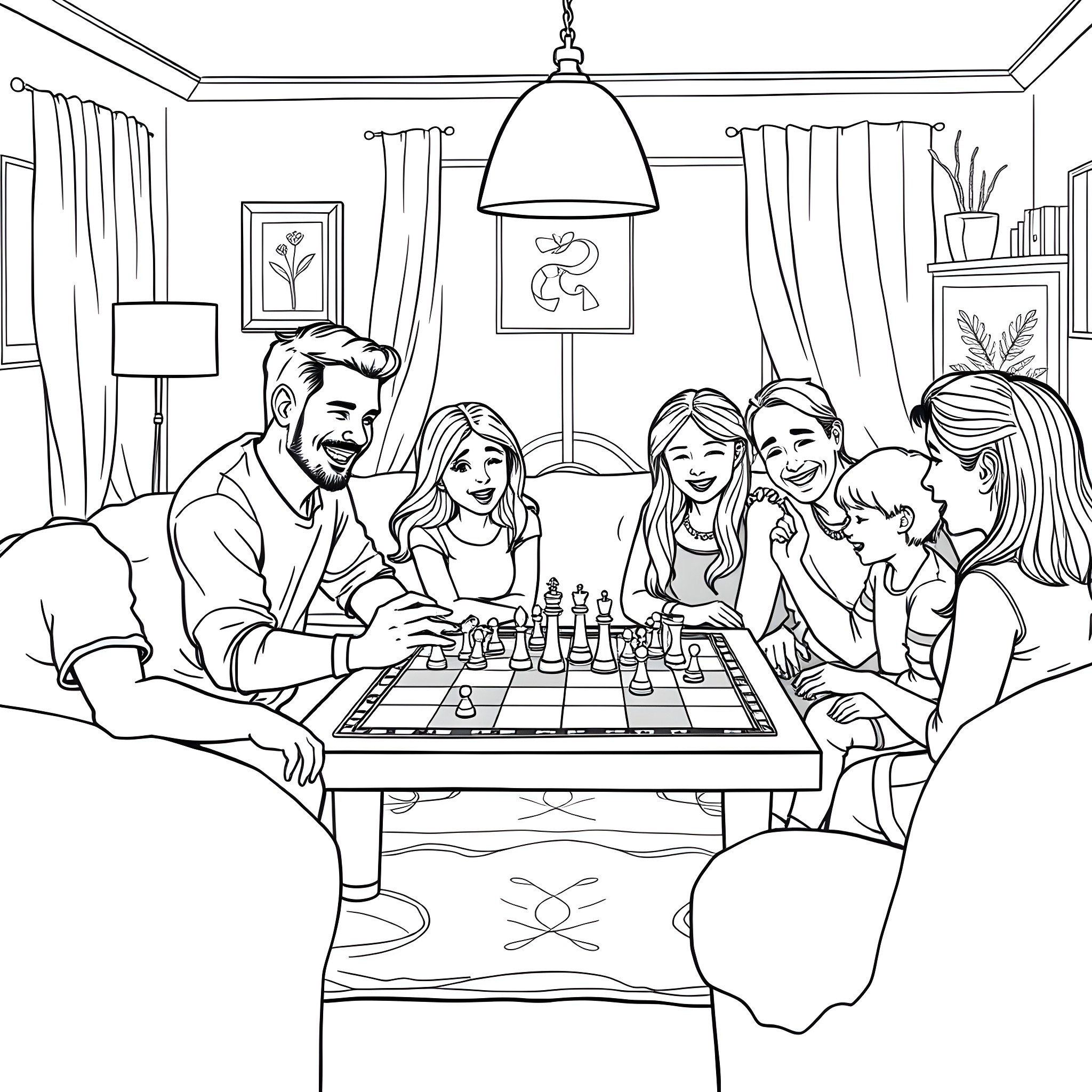 Family playing chess together in living room Coloring Page (free black-and-white line drawing printable PDF for all, from beginners to advanced learners, including children, teens, adults, and seniors)