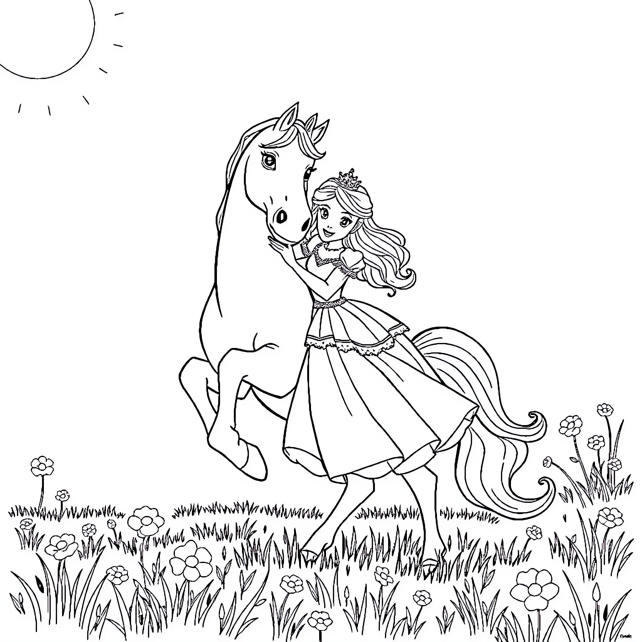 Princess embraces her loyal horse in a flowery meadow Coloring Page (free black-and-white line drawing printable PDF for all, from beginners to advanced learners, including children, teens, adults, and seniors)