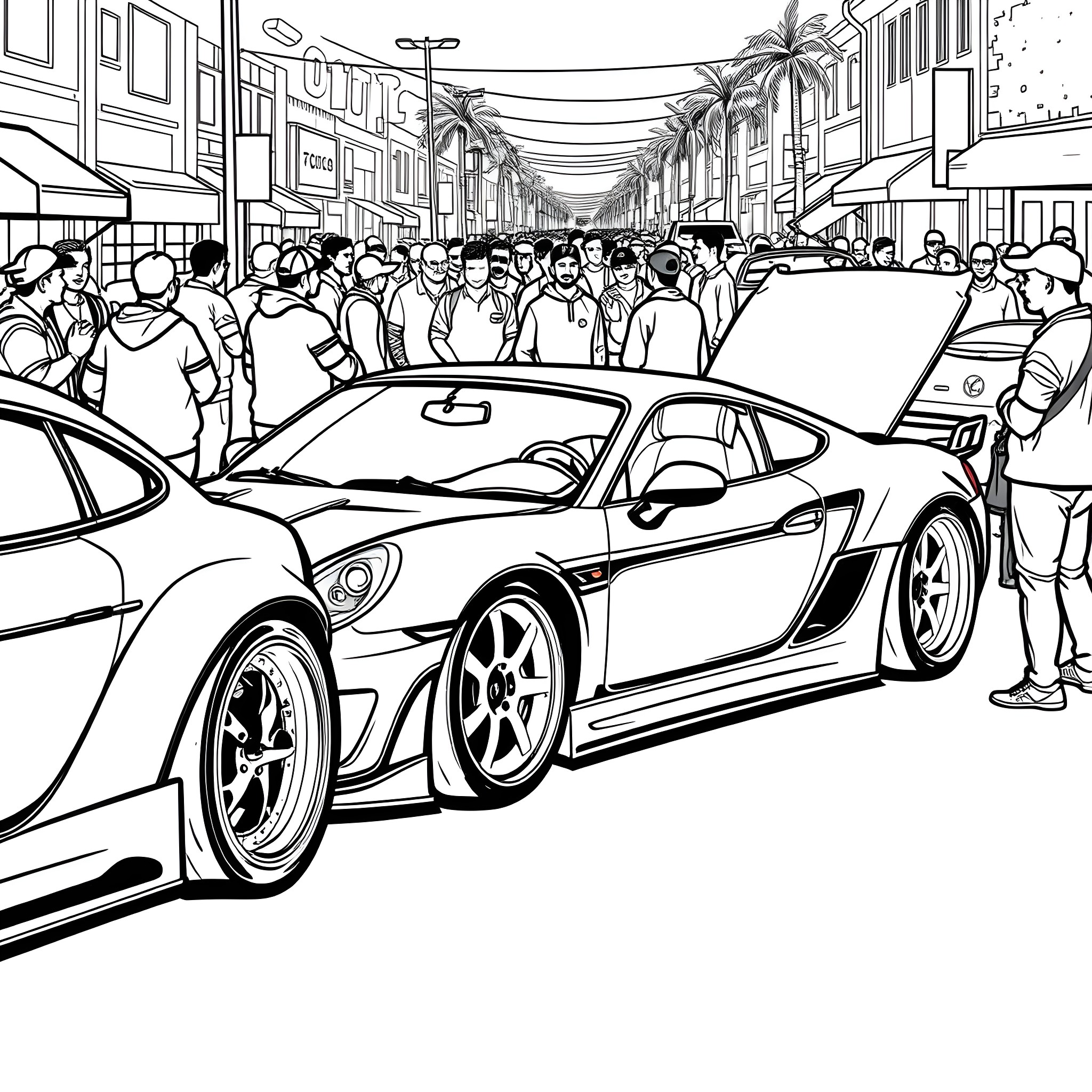 Tuner Car Enthusiasts Gather in Bustling Street Scene Coloring Page (free black-and-white line drawing printable PDF for all, from beginners to advanced learners, including children, teens, adults, and seniors)