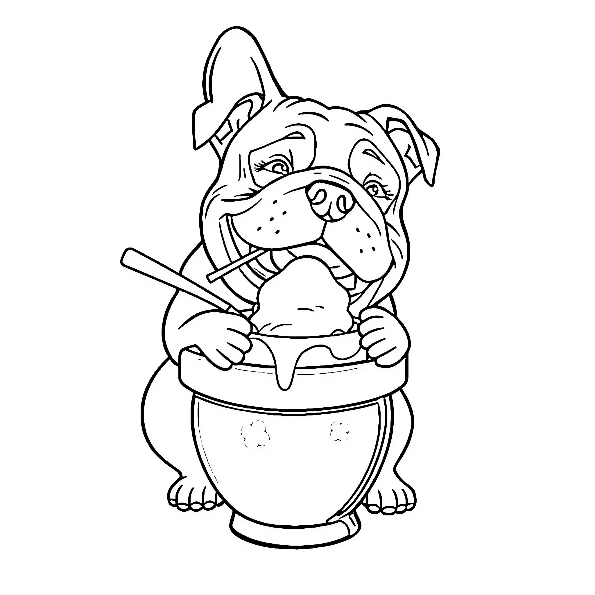 Bulldog enjoying a snack in a bowl Coloring Page (free black-and-white line drawing printable PDF for all, from beginners to advanced learners, including children, teens, adults, and seniors)