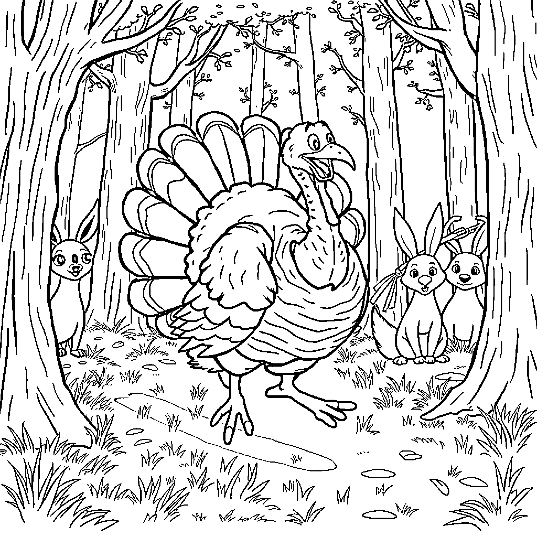 Turkey's Thanksgiving Celebration in the Forest Coloring Page (free black-and-white line drawing printable PDF for all, from beginners to advanced learners, including children, teens, adults, and seniors)