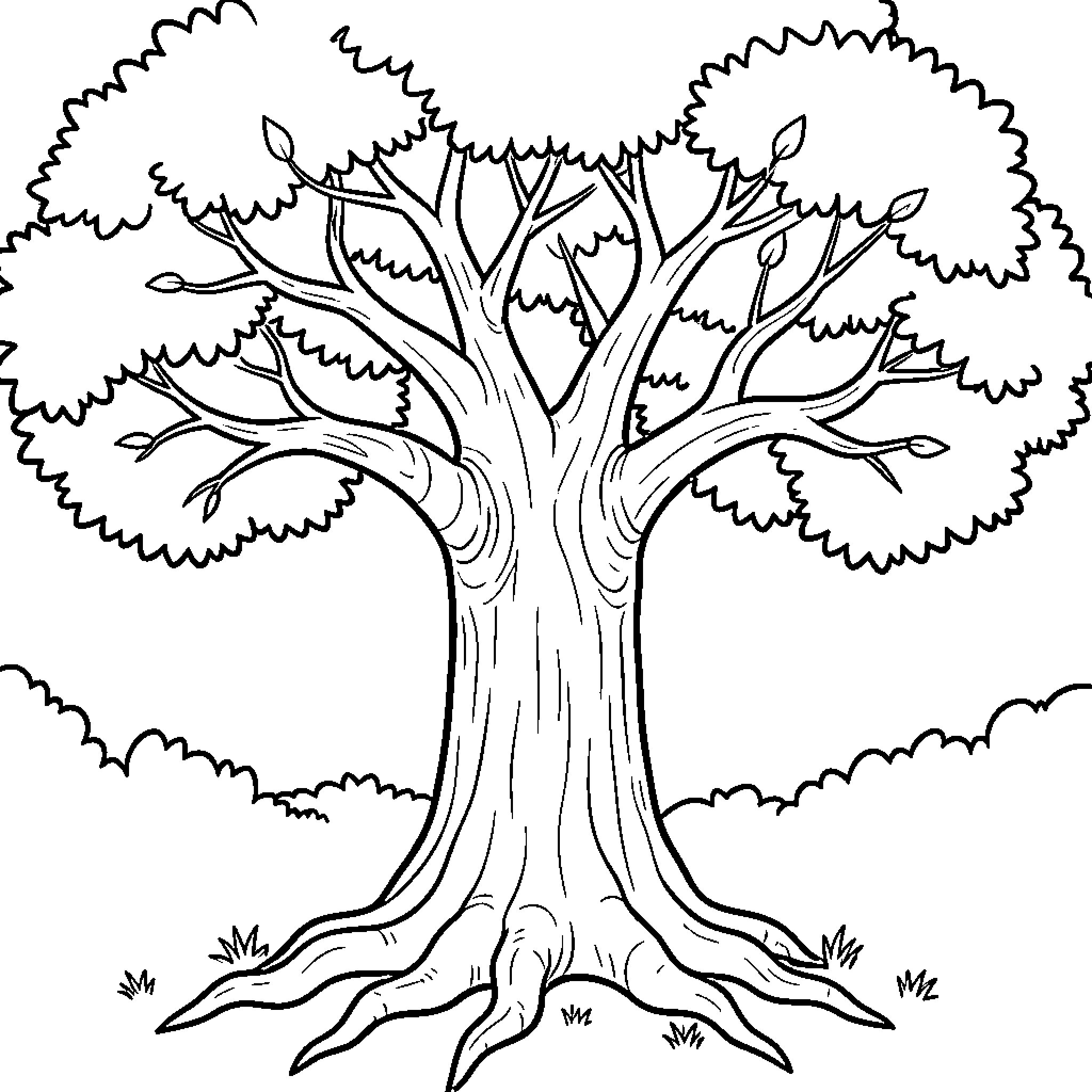 Tree standing firmly in a natural landscape Coloring Page (free black-and-white line drawing printable PDF for all, from beginners to advanced learners, including children, teens, adults, and seniors)