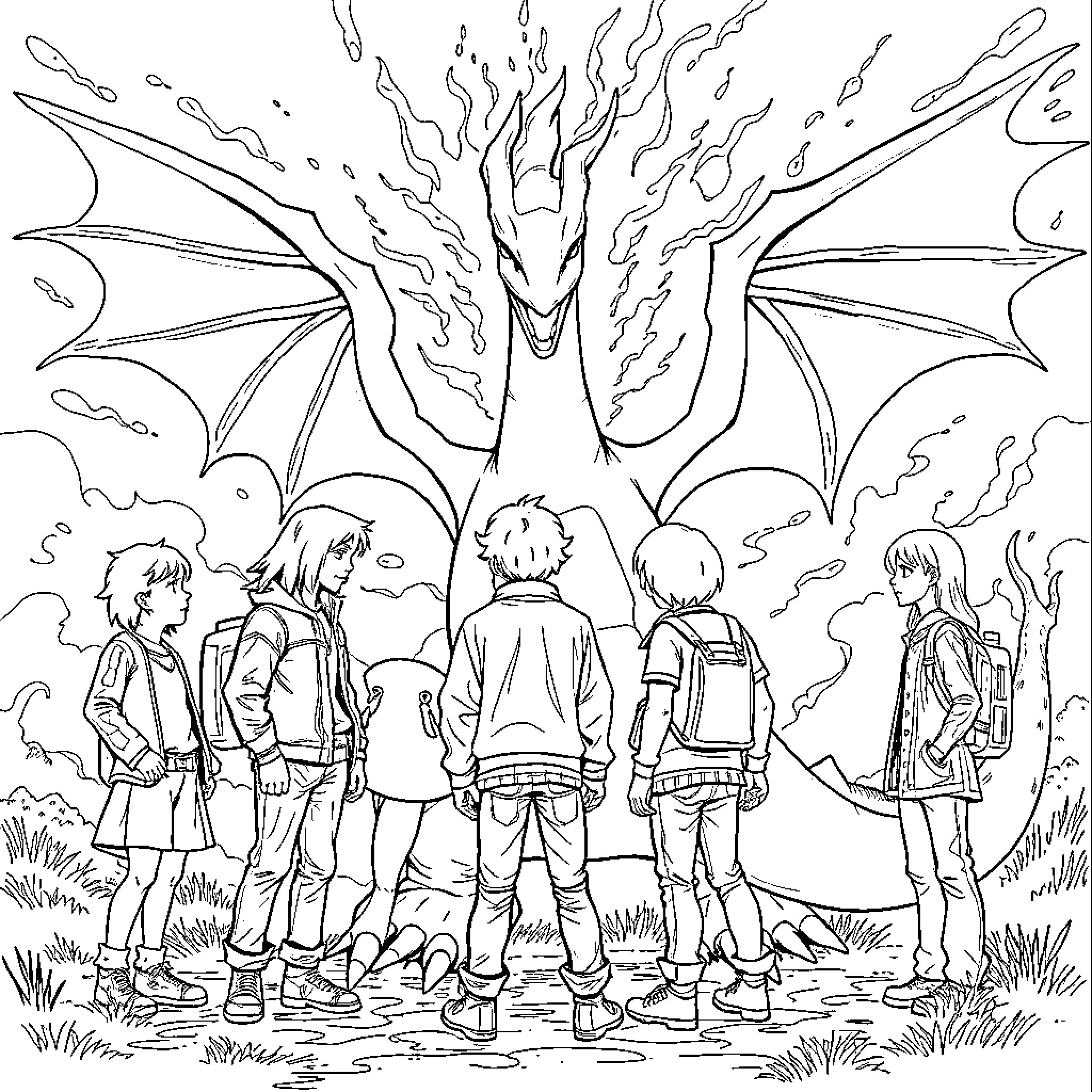 Charizard's Awe-Inspiring Appearance Before Adventurers Coloring Page (free black-and-white line drawing printable PDF for all, from beginners to advanced learners, including children, teens, adults, and seniors)