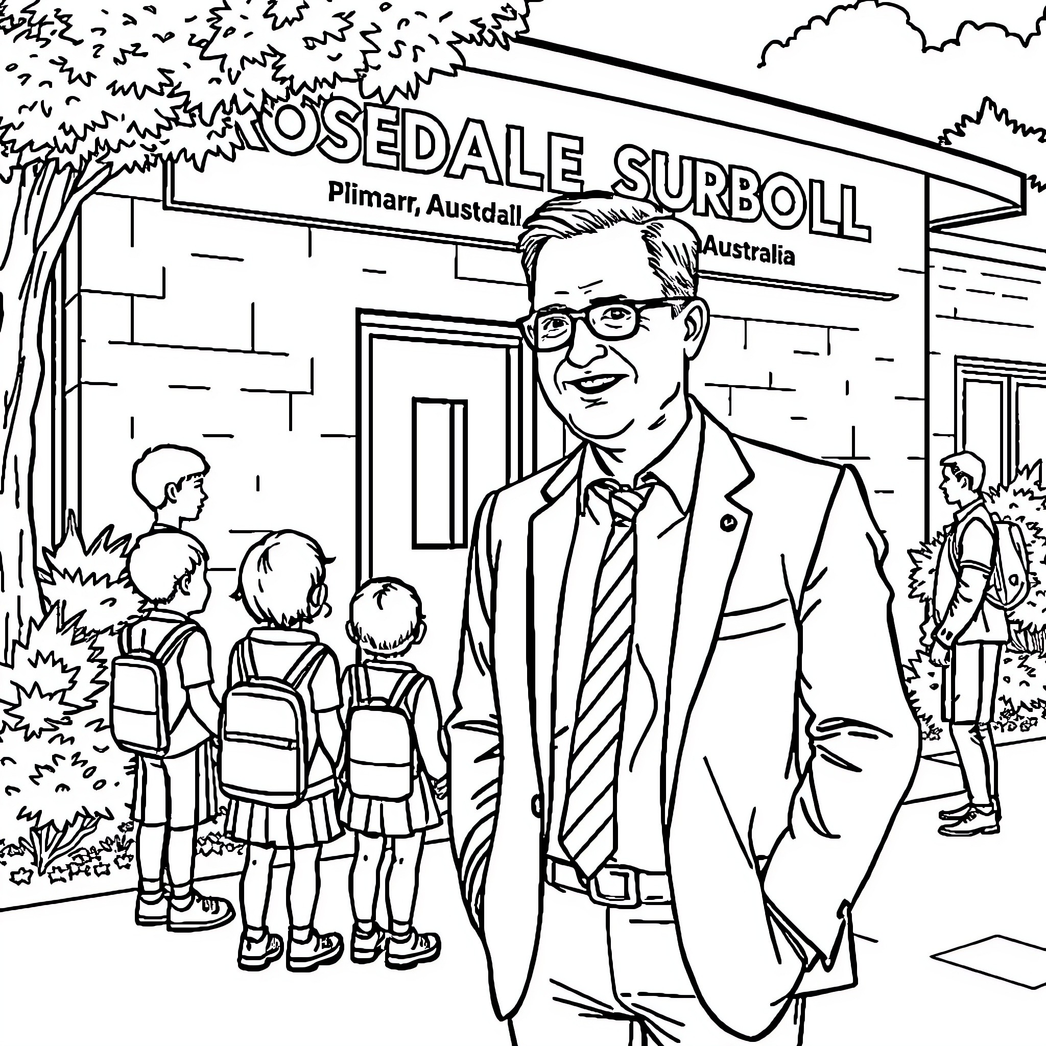 Anthony Albanese at Rosedale Surboll School in Australia Coloring Page (free black-and-white line drawing printable PDF for all, from beginners to advanced learners, including children, teens, adults, and seniors)