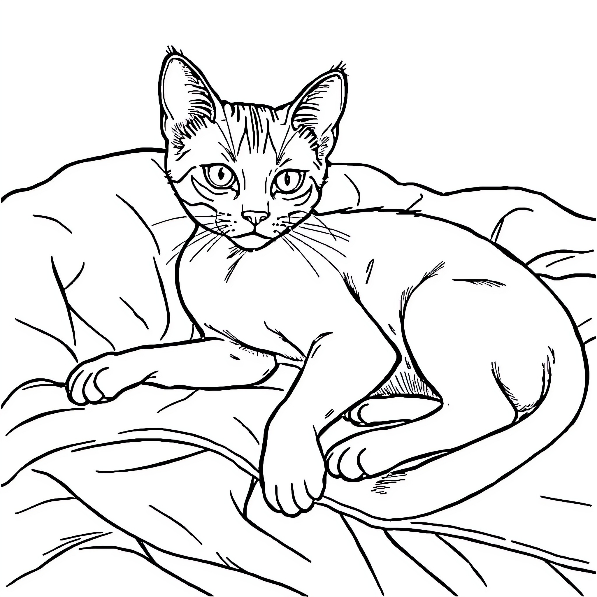 Cat relaxing on the couch Coloring Page (free black-and-white line drawing printable PDF for all, from beginners to advanced learners, including children, teens, adults, and seniors)