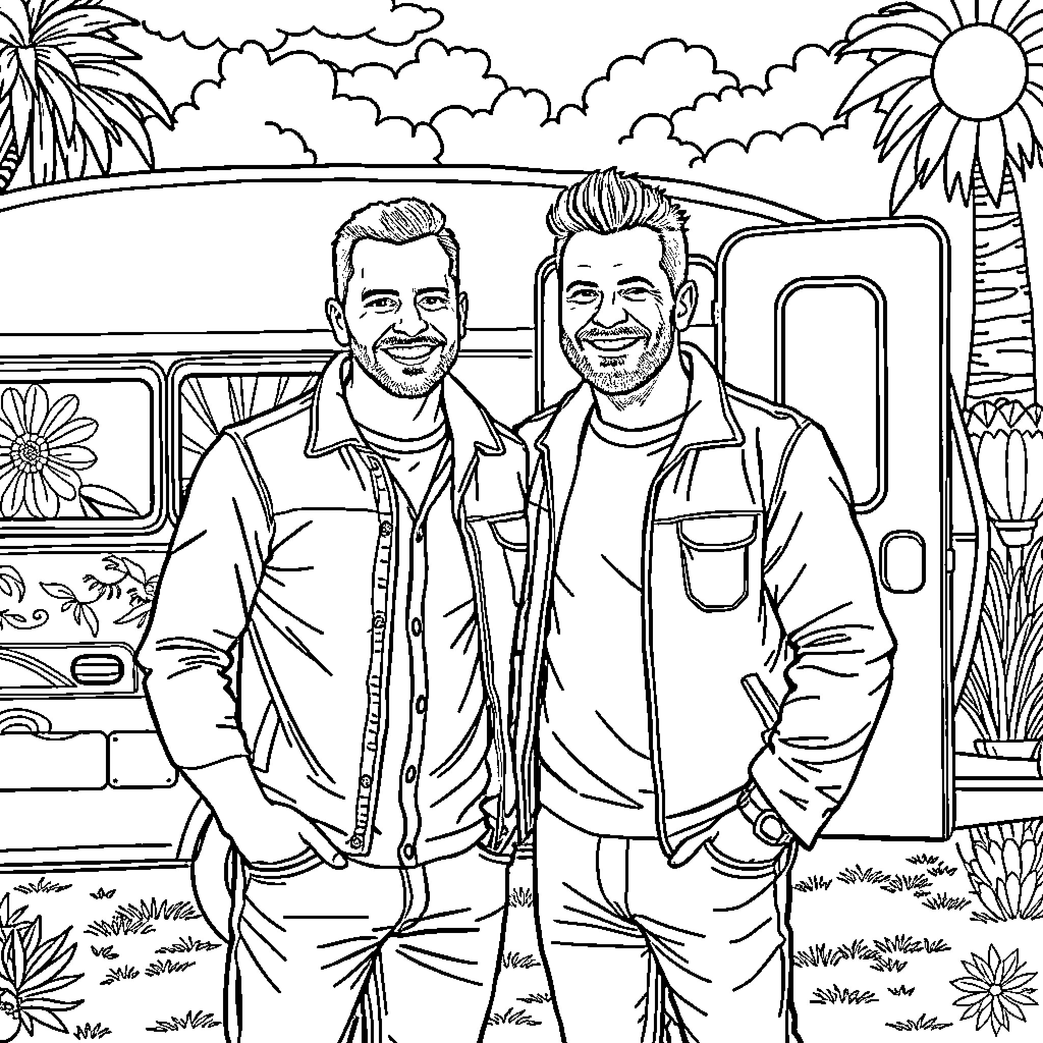 Man and friend pose in front of van in scenic outdoors Coloring Page (free black-and-white line drawing printable PDF for all, from beginners to advanced learners, including children, teens, adults, and seniors)