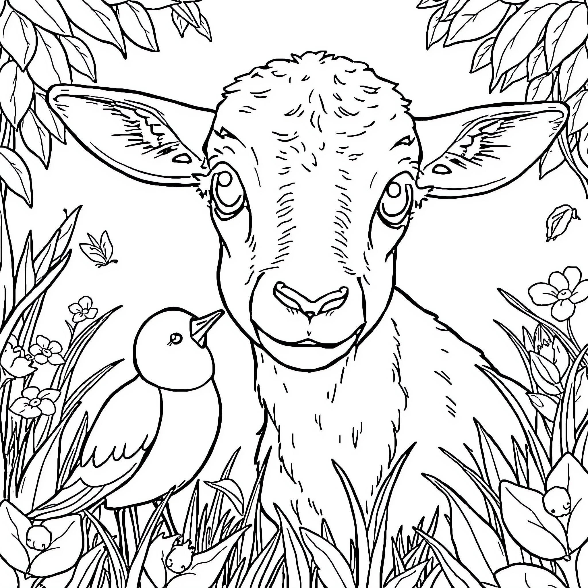 Vaca and her bird friend in a lush garden Coloring Page (free black-and-white line drawing printable PDF for all, from beginners to advanced learners, including children, teens, adults, and seniors)