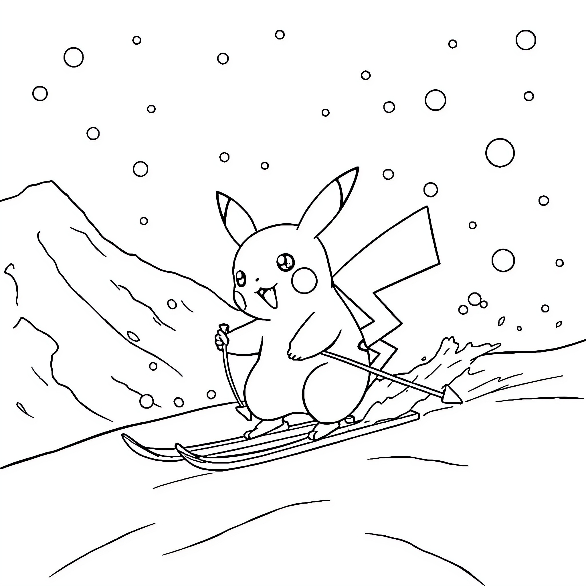 Pikachu skiing happily in the snowy mountains Coloring Page (free black-and-white line drawing printable PDF for all, from beginners to advanced learners, including children, teens, adults, and seniors)