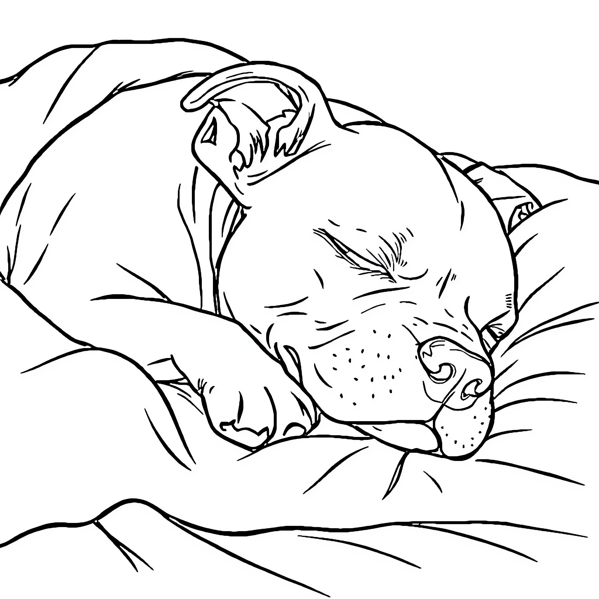 Pitbull sleeping peacefully in the wilderness Coloring Page (free black-and-white line drawing printable PDF for all, from beginners to advanced learners, including children, teens, adults, and seniors)