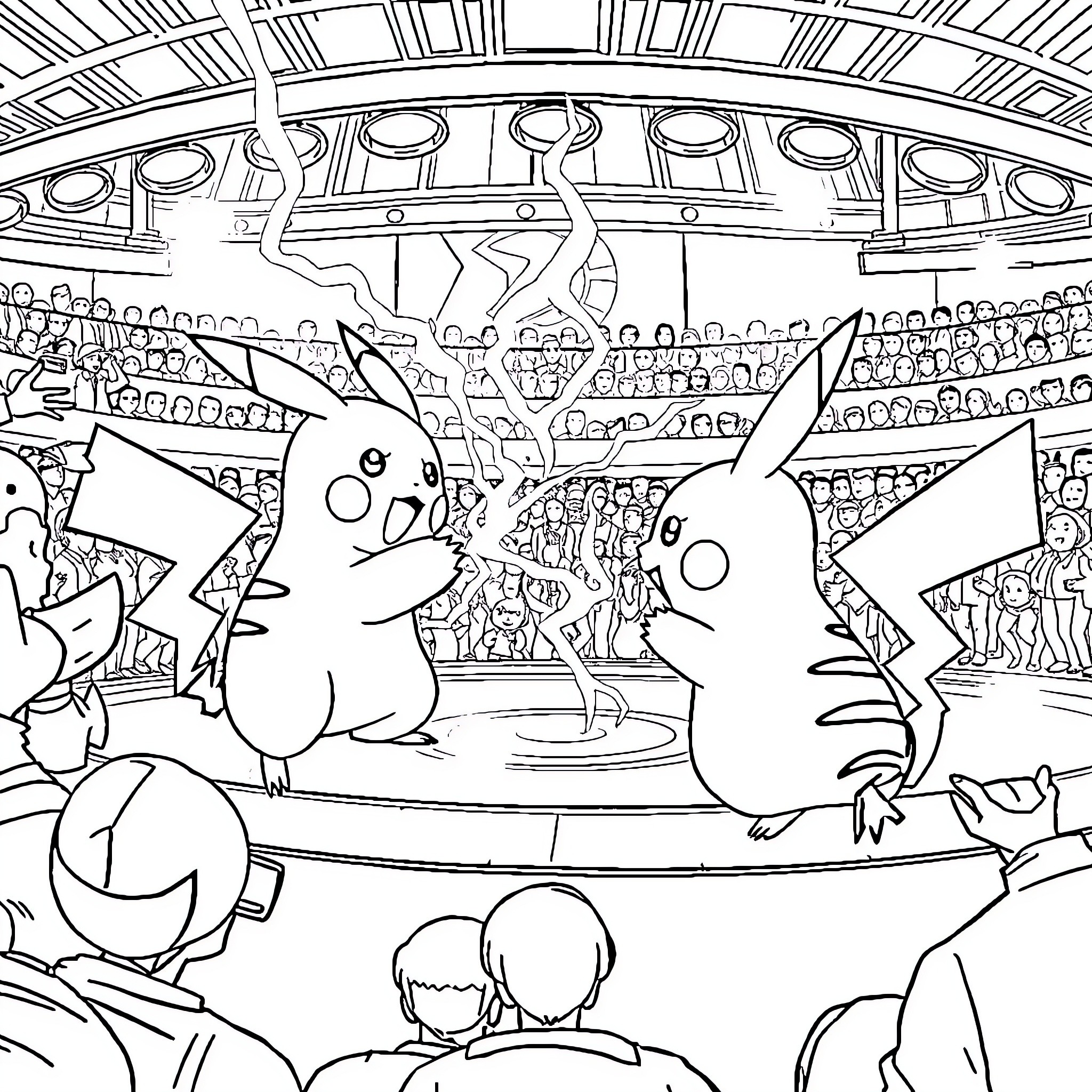 Pikachu's Exciting Pokemon Battle in the Stadium Coloring Page (free black-and-white line drawing printable PDF for all, from beginners to advanced learners, including children, teens, adults, and seniors)