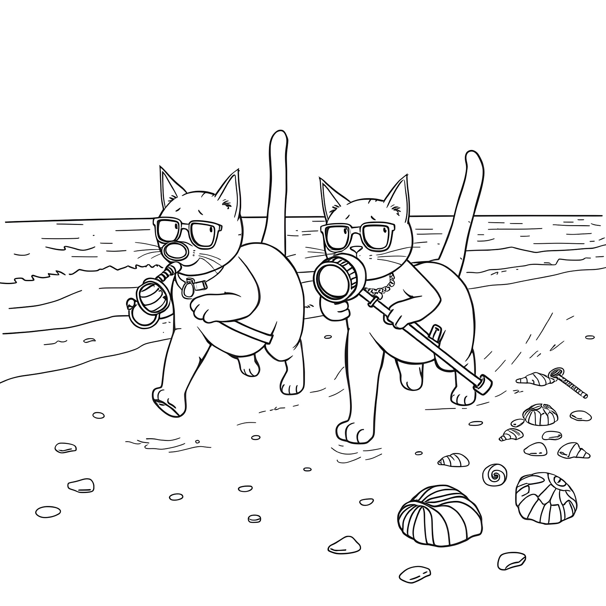 Cats on a Beach with Snorkeling Gear Coloring Page (free black-and-white line drawing printable PDF for all, from beginners to advanced learners, including children, teens, adults, and seniors)