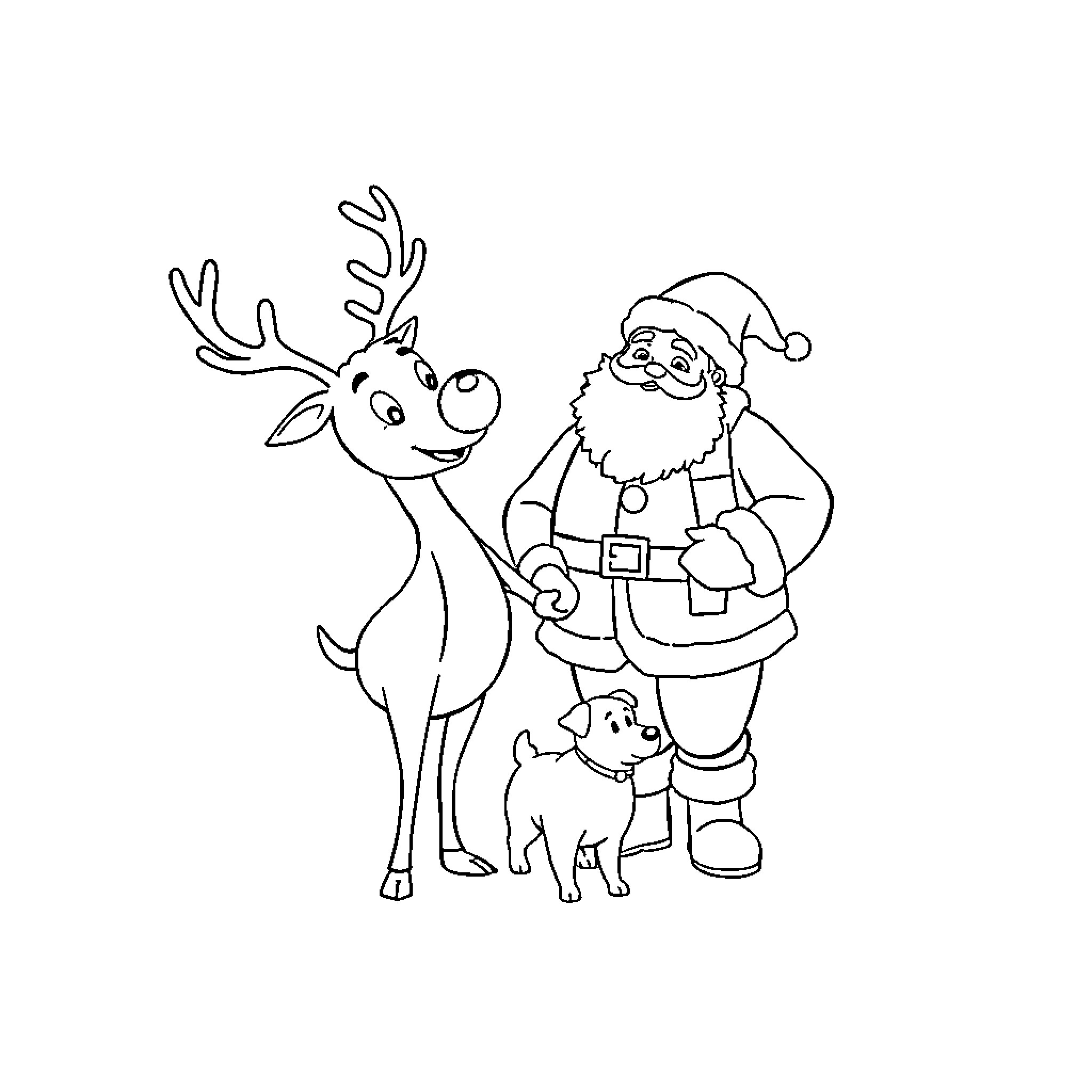 Rudolph and Santa with a Puppy in Winter Coloring Page (free black-and-white line drawing printable PDF for all, from beginners to advanced learners, including children, teens, adults, and seniors)