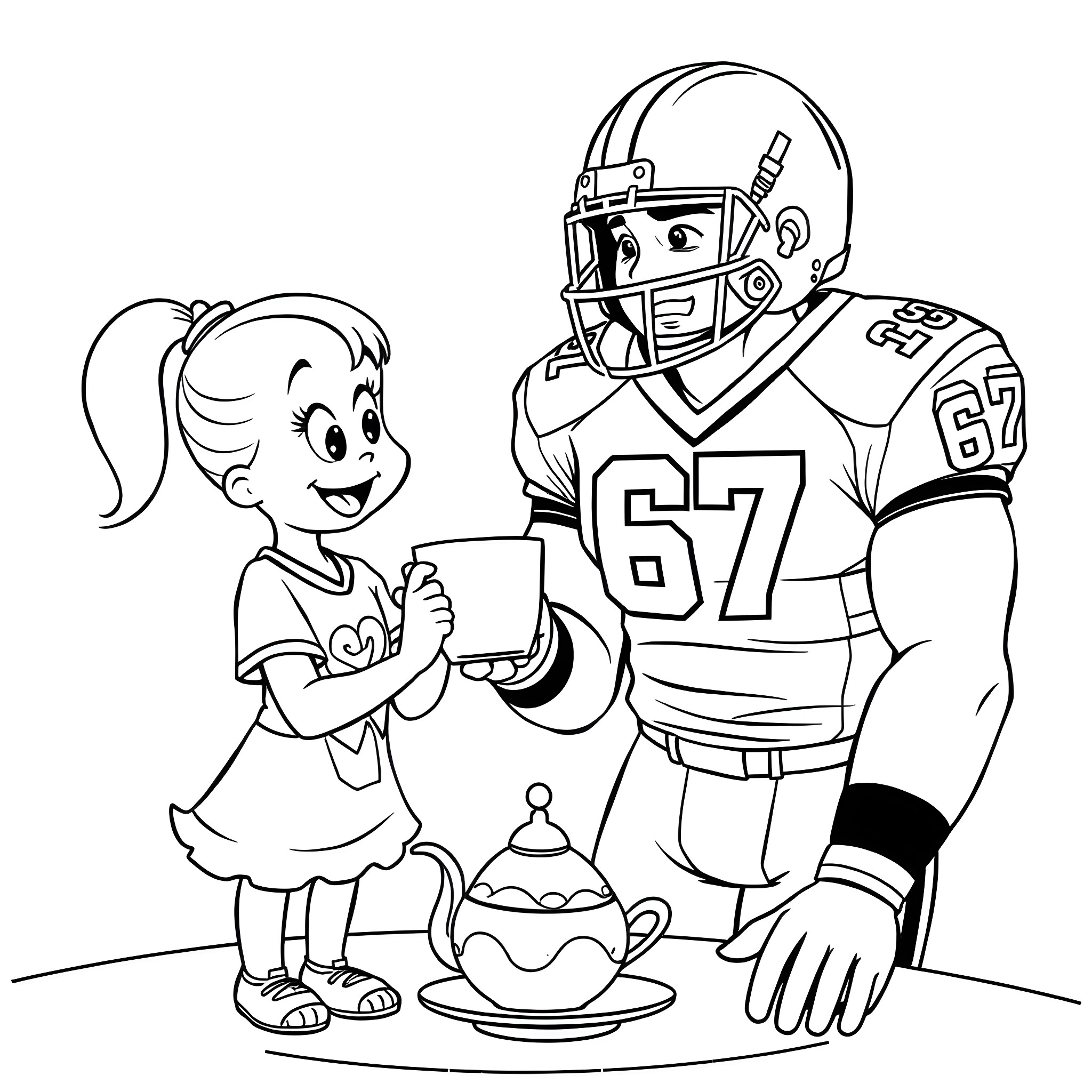 Football Player Helping Young Girl with Tea Coloring Page (free black-and-white line drawing printable PDF for all, from beginners to advanced learners, including children, teens, adults, and seniors)