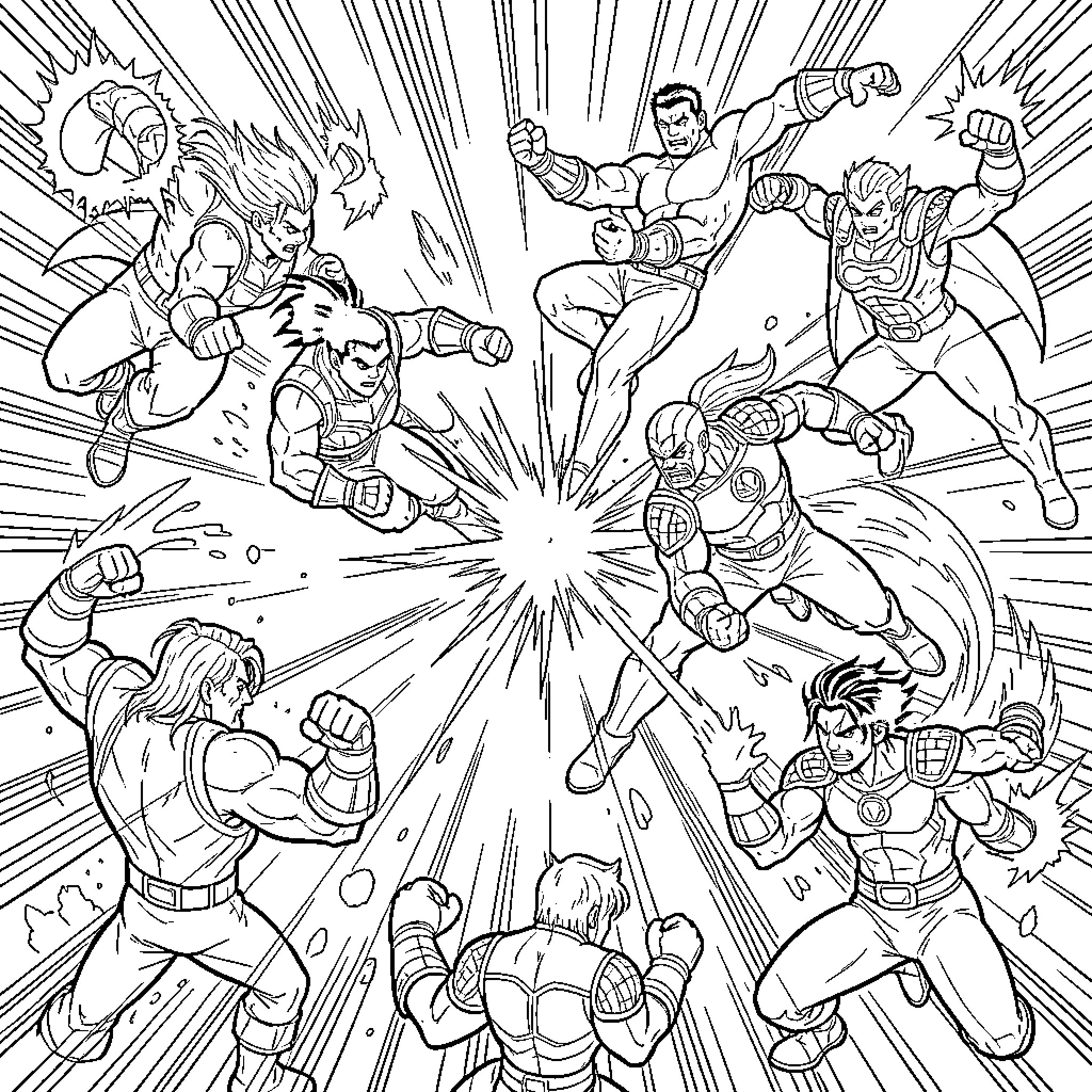 Fighter heroes in epic battle scene Coloring Page (free black-and-white line drawing printable PDF for all, from beginners to advanced learners, including children, teens, adults, and seniors)