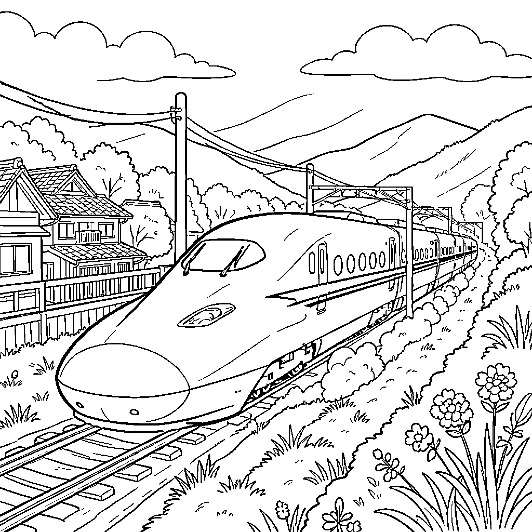 Shinkansen Train Speeding Through Countryside Landscape Coloring Page (free black-and-white line drawing printable PDF for all, from beginners to advanced learners, including children, teens, adults, and seniors)