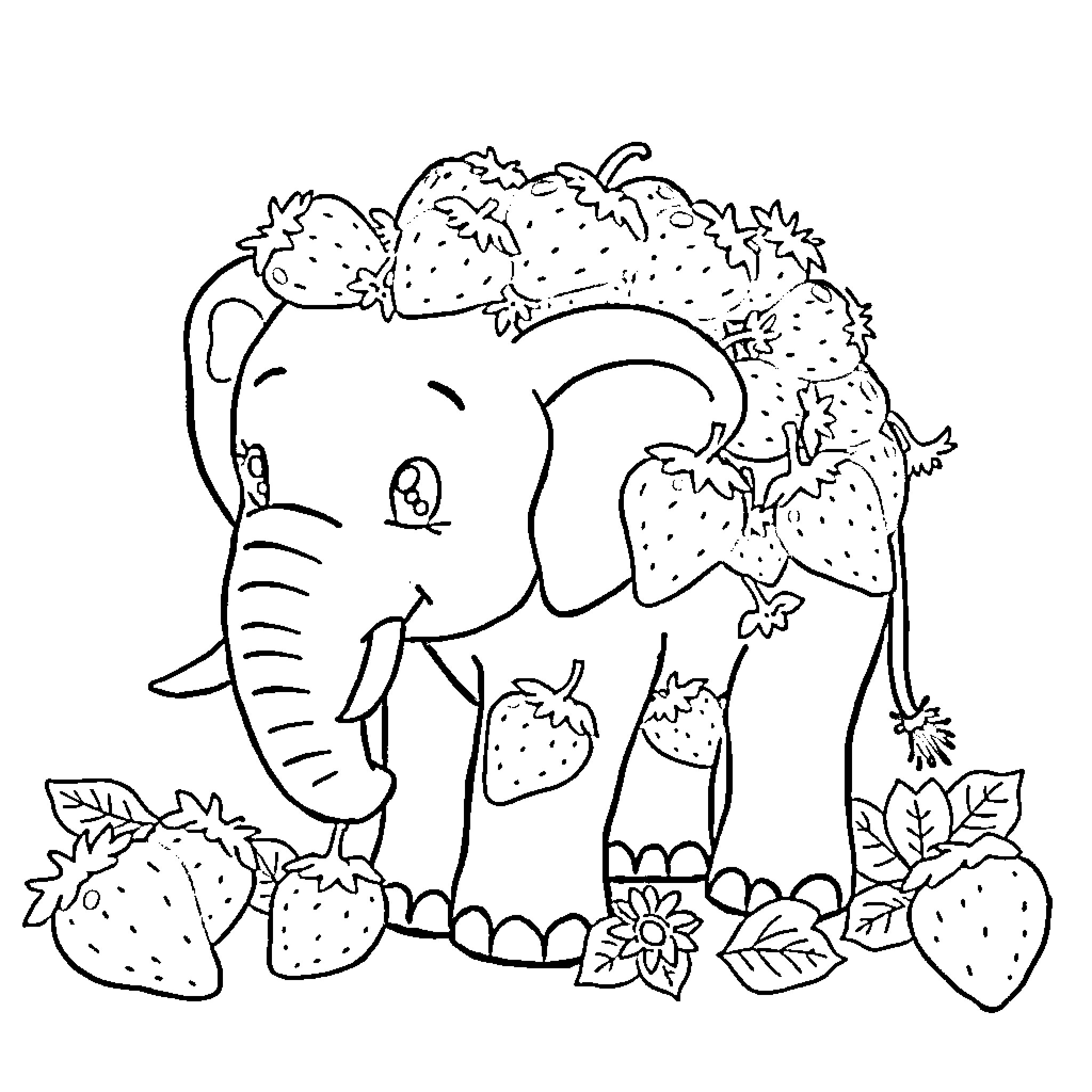 Strawberry Elephant enjoying a fruity garden Coloring Page (free black-and-white line drawing printable PDF for all, from beginners to advanced learners, including children, teens, adults, and seniors)