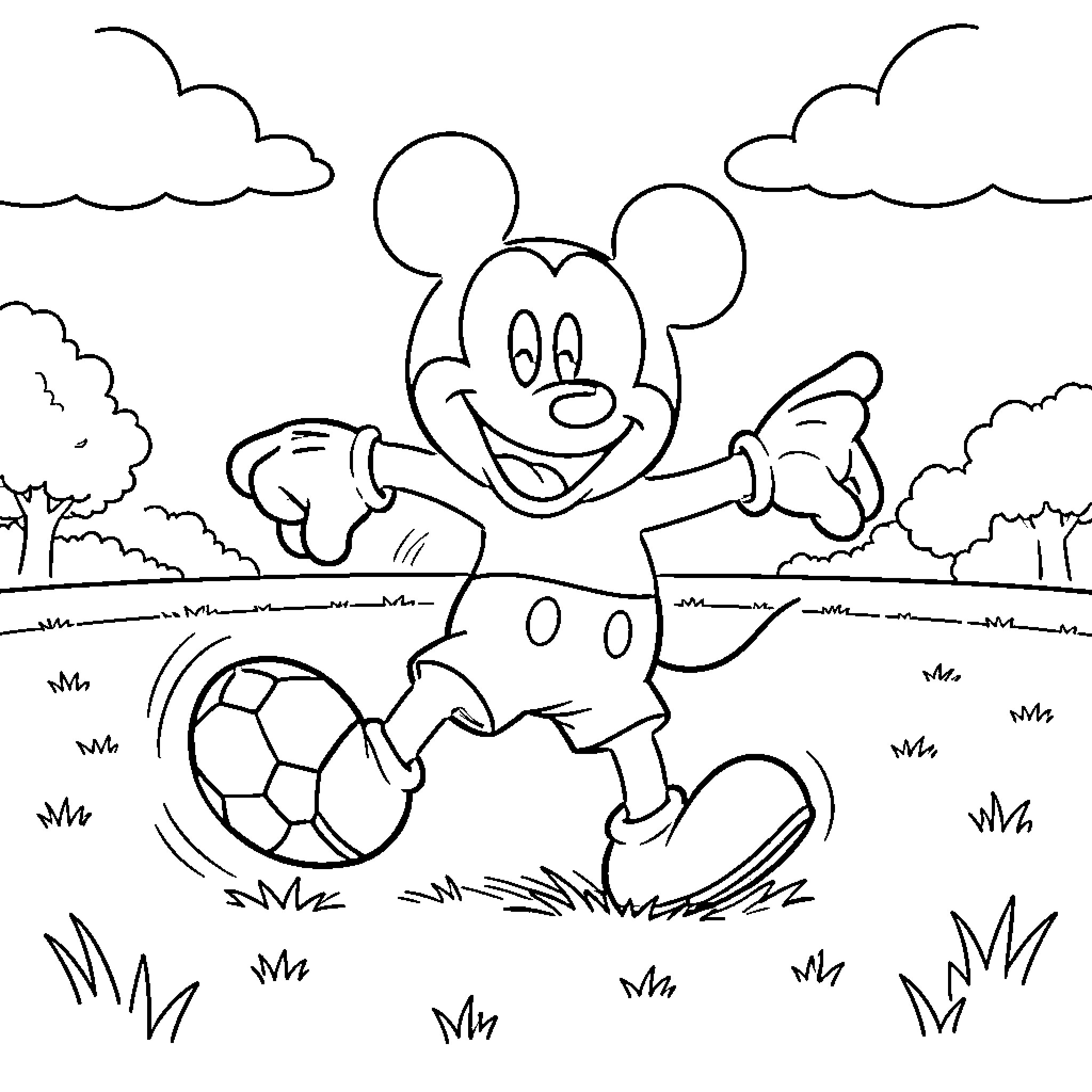 Mickey Mouse playing soccer in a grassy field Coloring Page (free black-and-white line drawing printable PDF for all, from beginners to advanced learners, including children, teens, adults, and seniors)