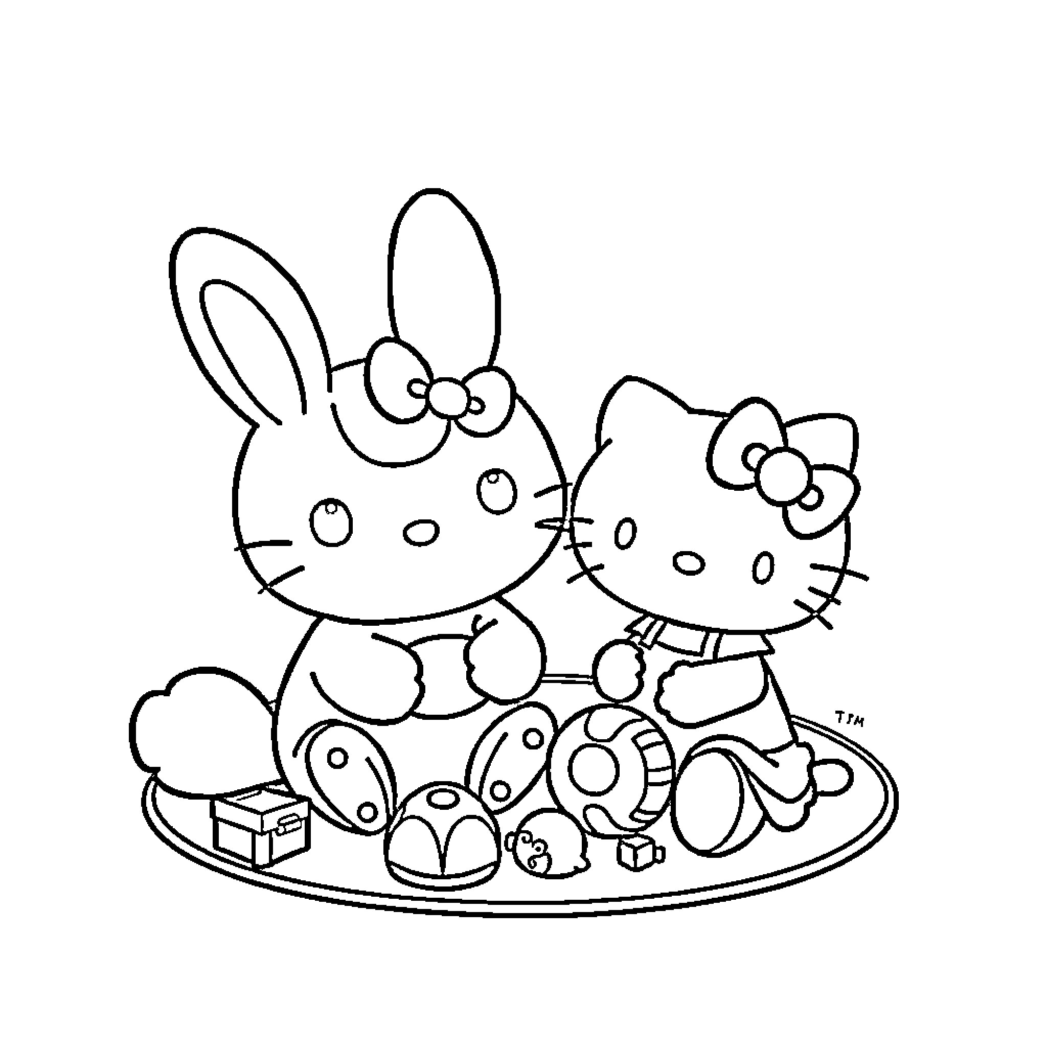 Cinnamoroll and Hello Kitty playing with toys Coloring Page (free black-and-white line drawing printable PDF for all, from beginners to advanced learners, including children, teens, adults, and seniors)