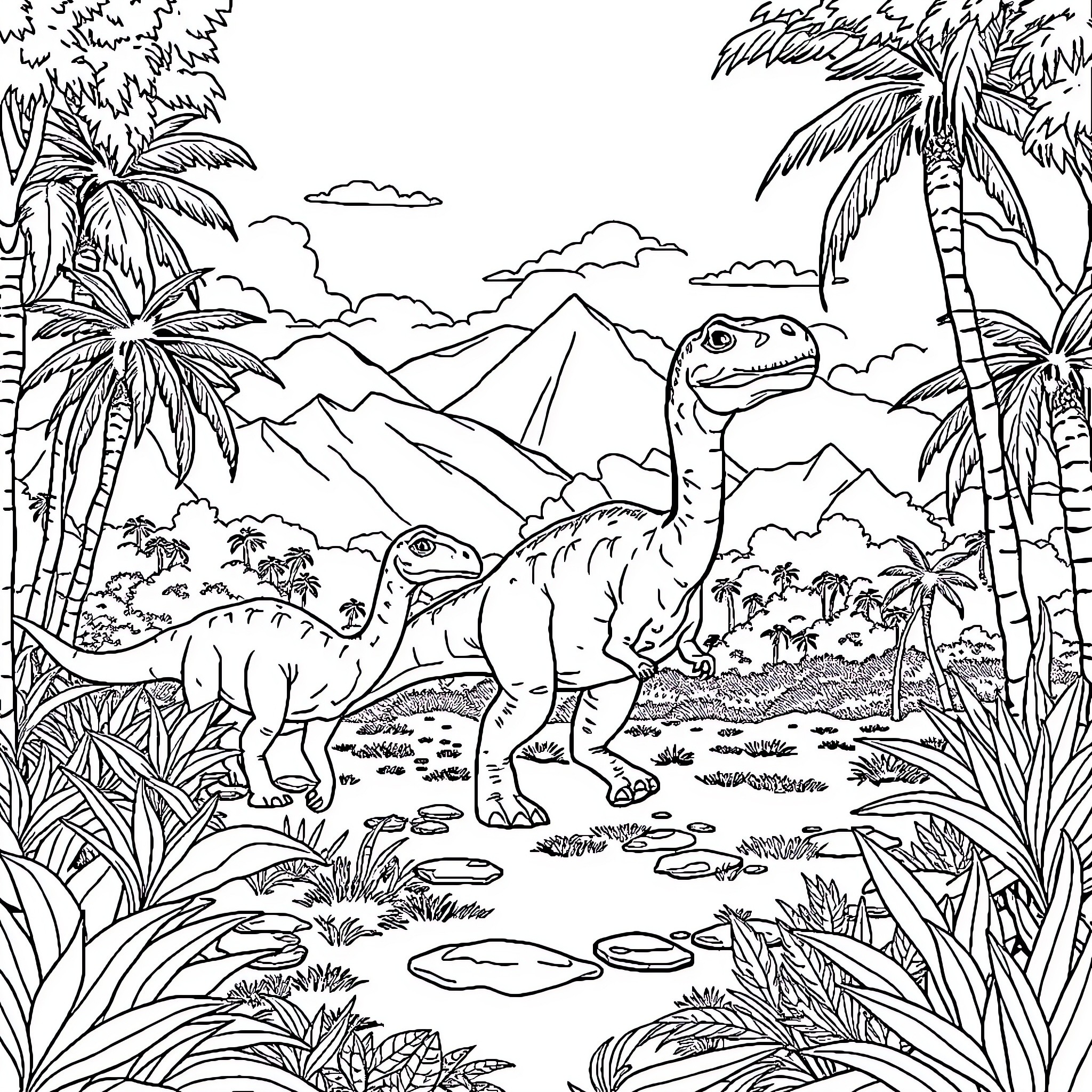 Dinosaurs exploring lush prehistoric landscape Coloring Page (free black-and-white line drawing printable PDF for all, from beginners to advanced learners, including children, teens, adults, and seniors)