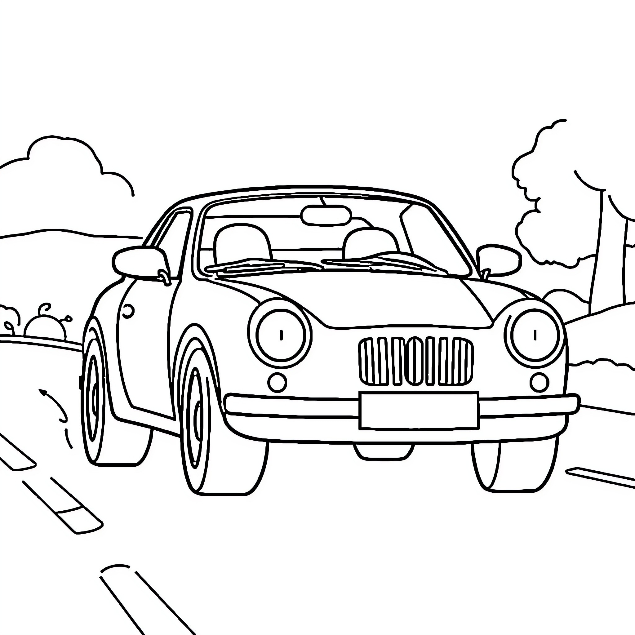 Car driving along countryside road Coloring Page (free black-and-white line drawing printable PDF for all, from beginners to advanced learners, including children, teens, adults, and seniors)