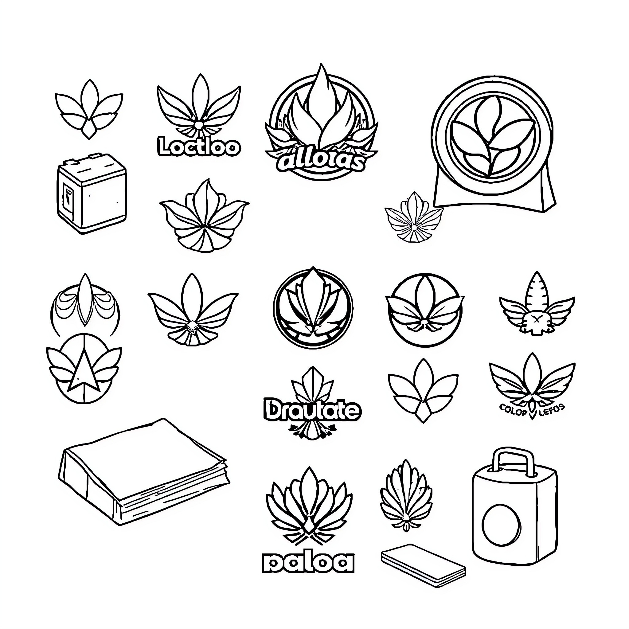 Logo designs featuring cannabis leaf motifs Coloring Page (free black-and-white line drawing printable PDF for all, from beginners to advanced learners, including children, teens, adults, and seniors)