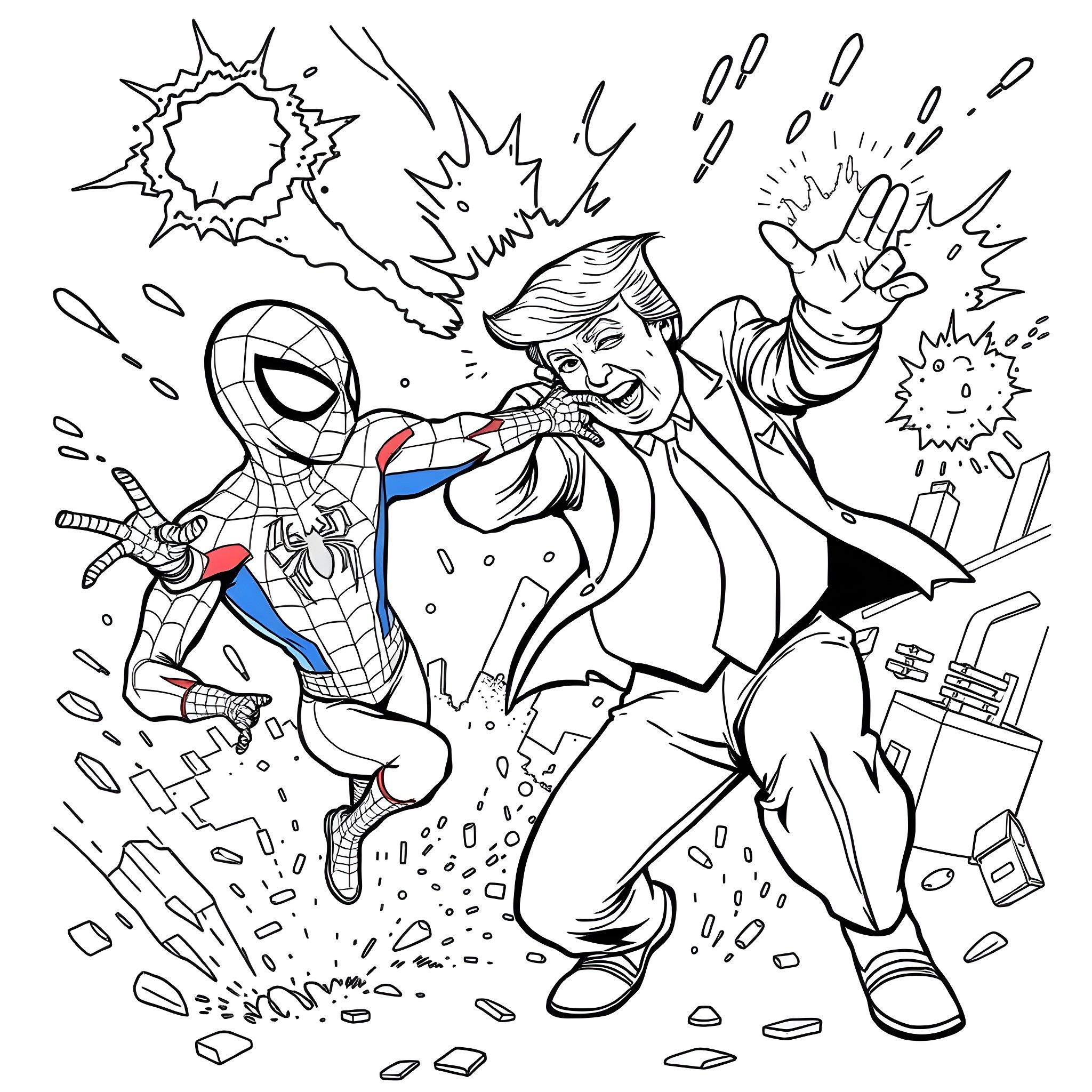 Spiderman fighting with a supervillain in an intense battle Coloring Page (free black-and-white line drawing printable PDF for all, from beginners to advanced learners, including children, teens, adults, and seniors)