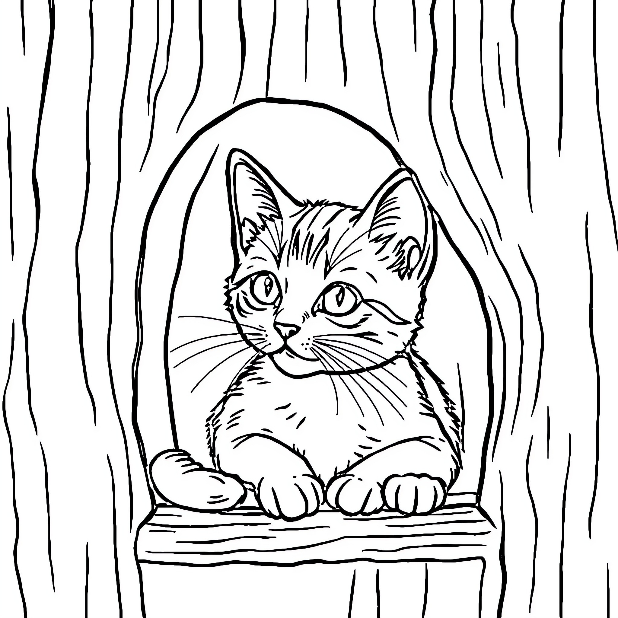 Cat peeking out from a wooden window Coloring Page (free black-and-white line drawing printable PDF for all, from beginners to advanced learners, including children, teens, adults, and seniors)