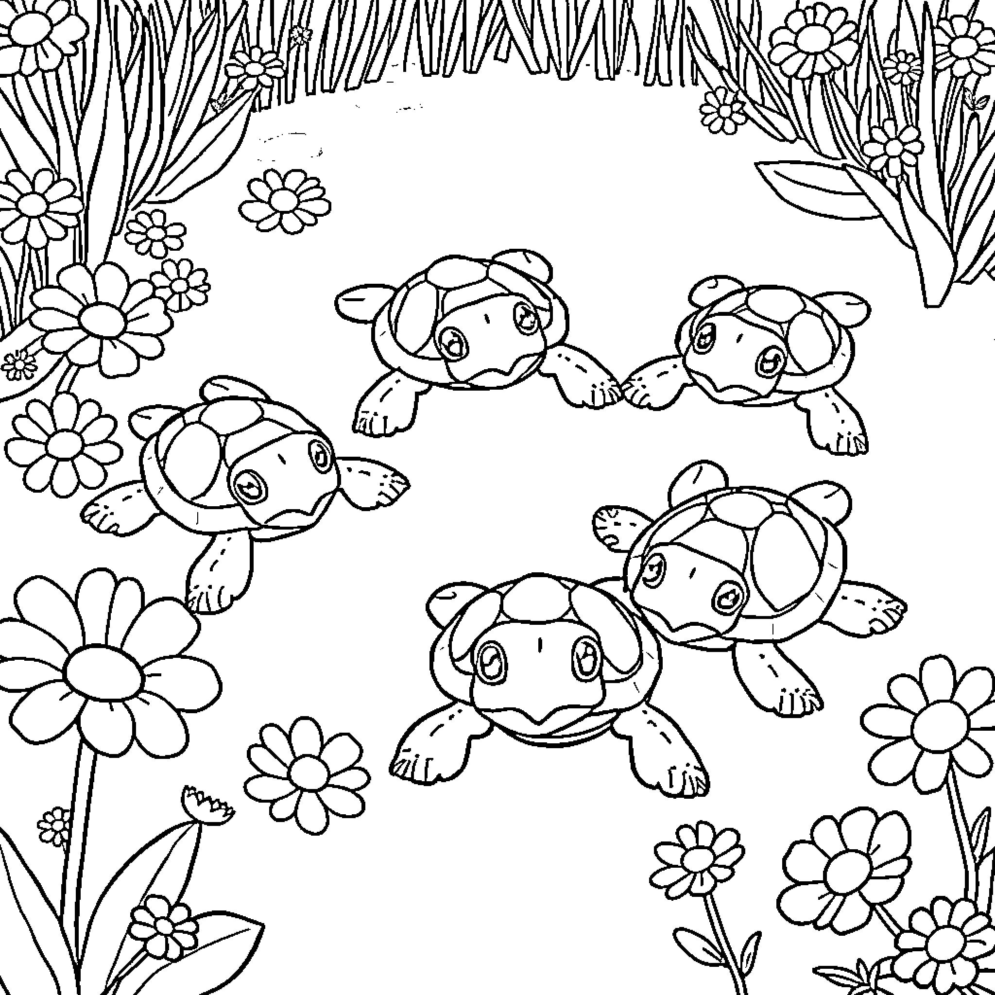 Turtle friends frolicking in the floral garden Coloring Page (free black-and-white line drawing printable PDF for all, from beginners to advanced learners, including children, teens, adults, and seniors)