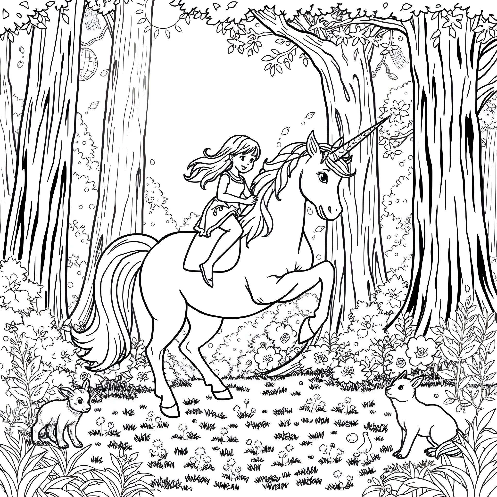 Girl riding a unicorn through a magical forest Coloring Page (free black-and-white line drawing printable PDF for all, from beginners to advanced learners, including children, teens, adults, and seniors)