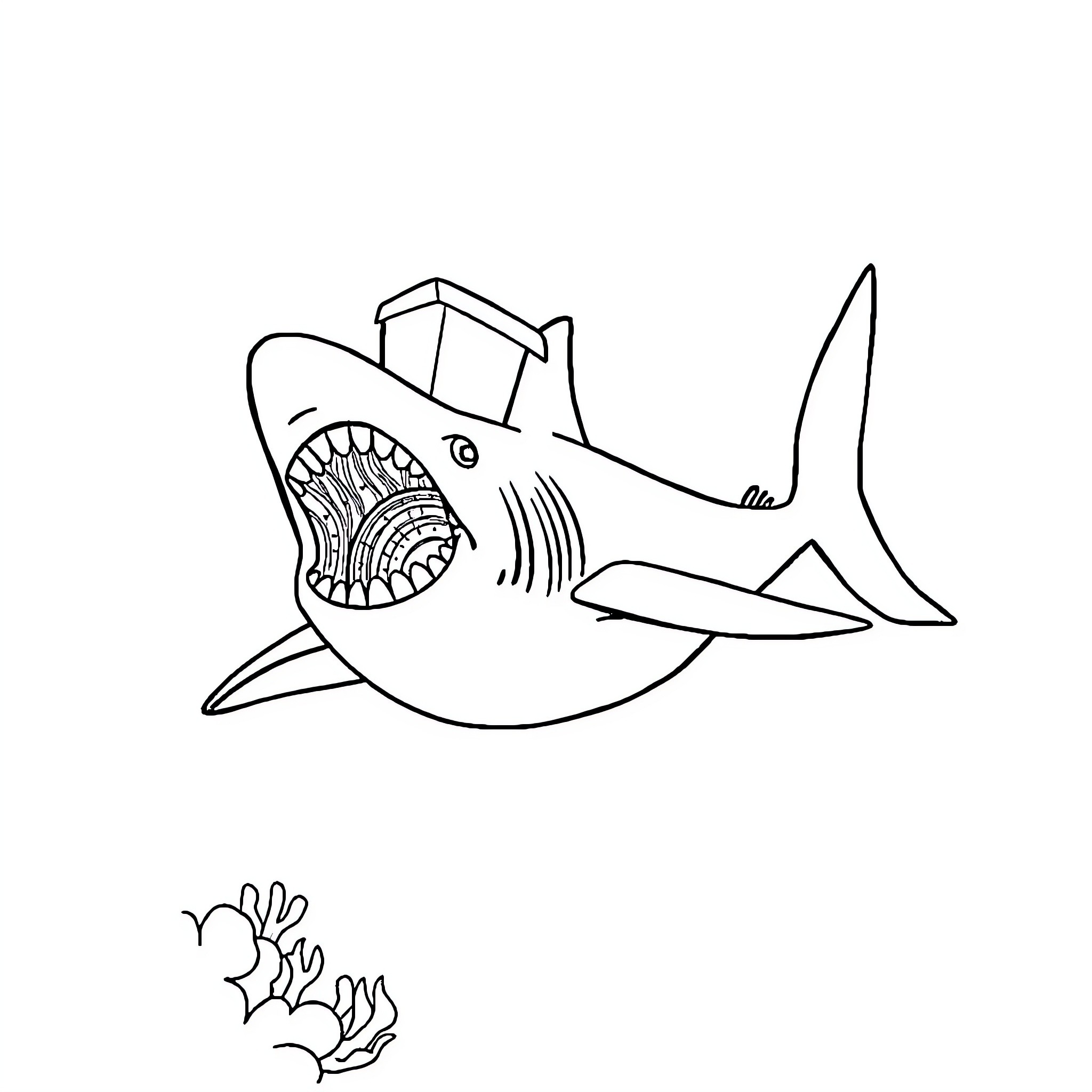 Shark delivering packages underwater Coloring Page (free black-and-white line drawing printable PDF for all, from beginners to advanced learners, including children, teens, adults, and seniors)
