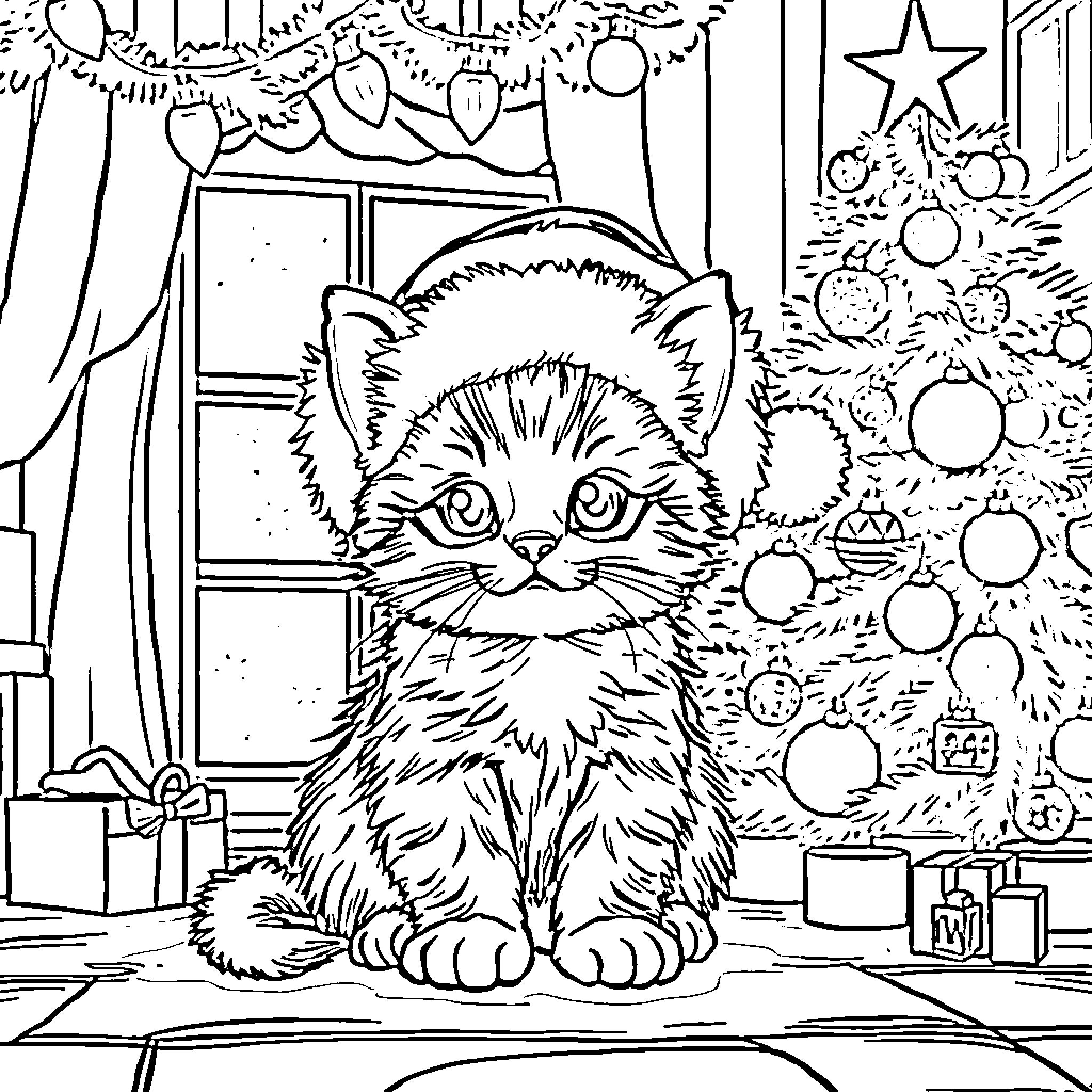 Kitten sitting by Christmas tree Coloring Page (free black-and-white line drawing printable PDF for all, from beginners to advanced learners, including children, teens, adults, and seniors)