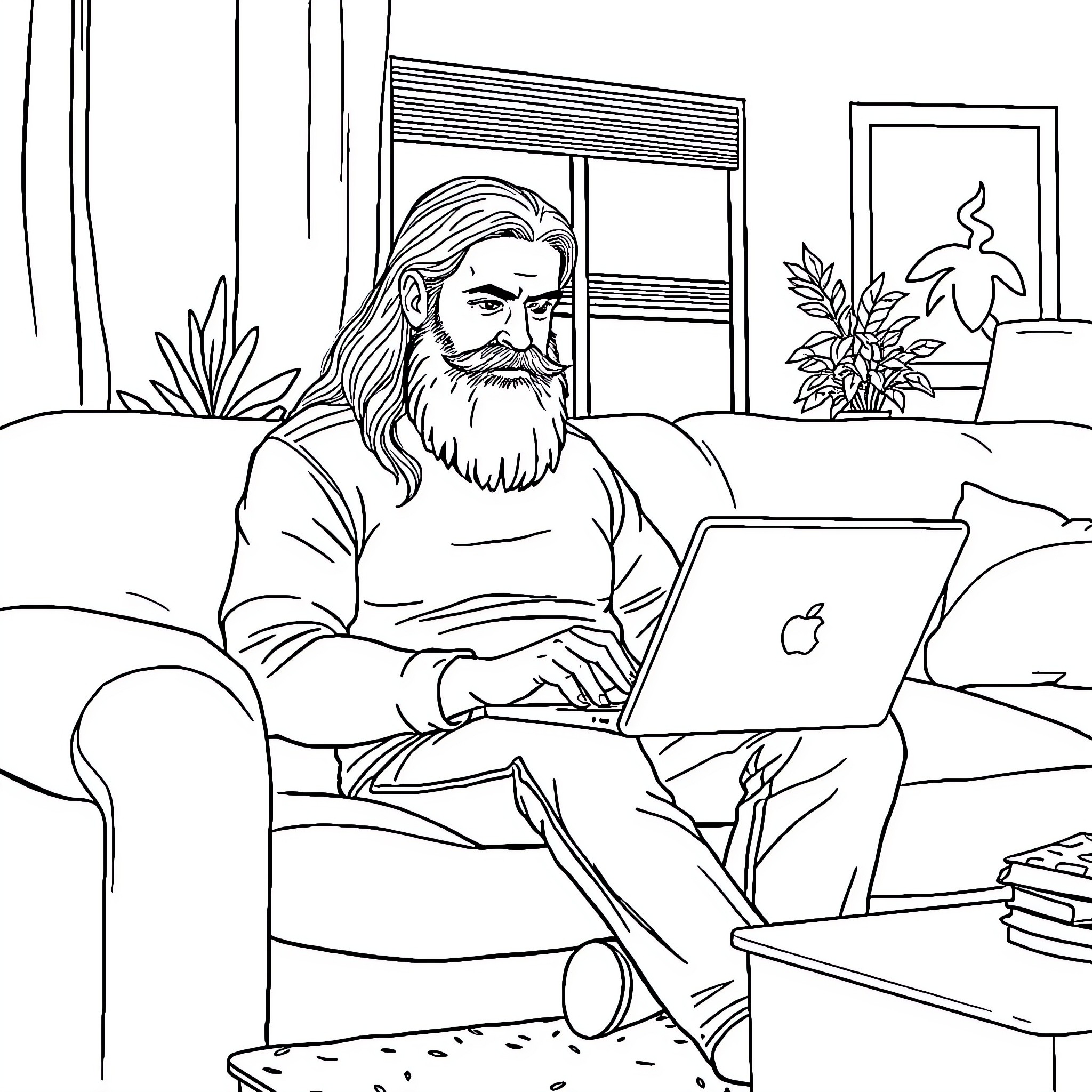 Dad works diligently on laptop in his cozy home Coloring Page (free black-and-white line drawing printable PDF for all, from beginners to advanced learners, including children, teens, adults, and seniors)