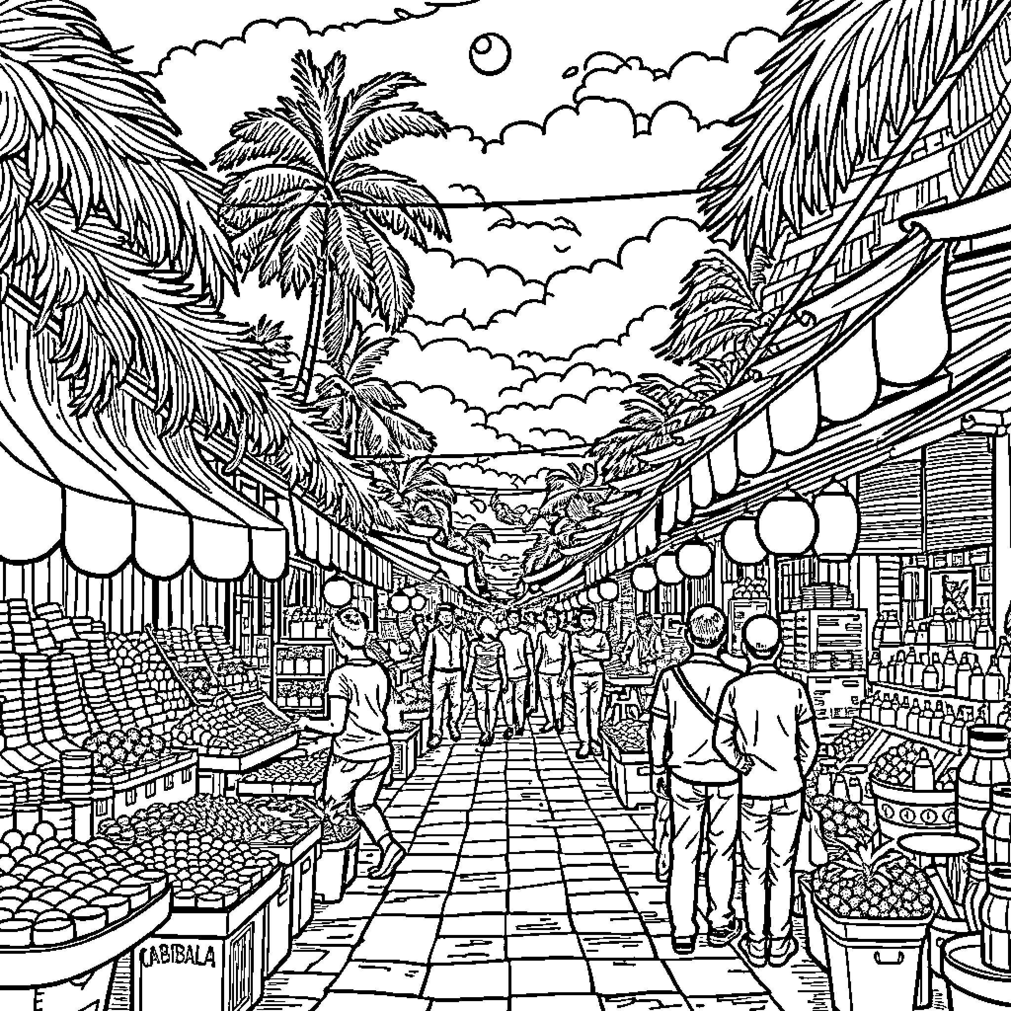 Cabibala: Bustling Marketplace in a Tropical Oasis Coloring Page (free black-and-white line drawing printable PDF for all, from beginners to advanced learners, including children, teens, adults, and seniors)