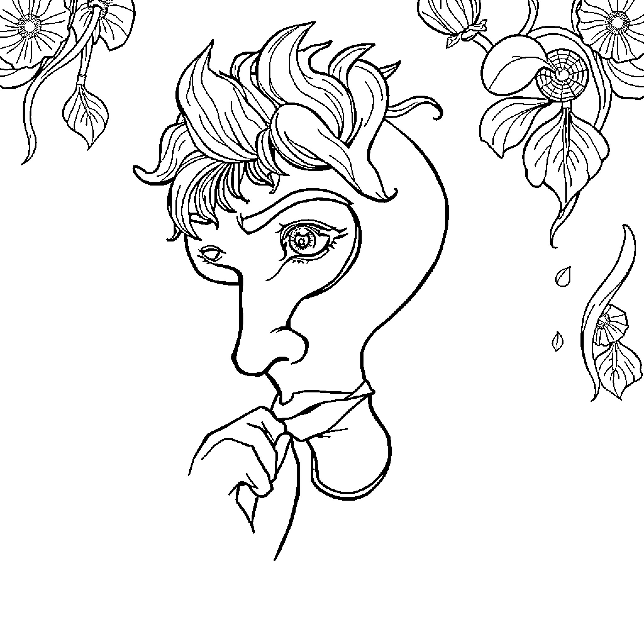 Unknown abstract portrait with floral elements Coloring Page (free black-and-white line drawing printable PDF for all, from beginners to advanced learners, including children, teens, adults, and seniors)
