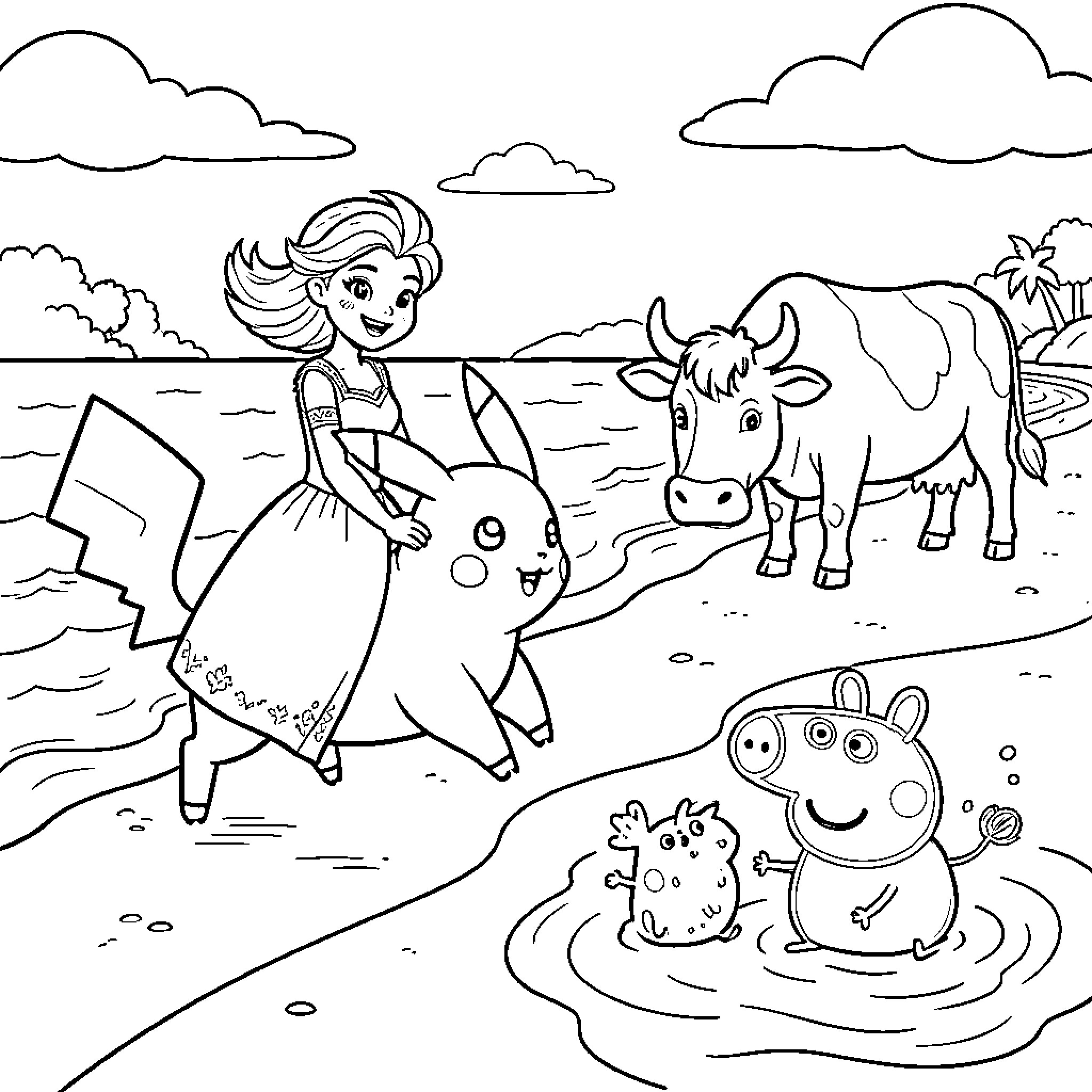 Elsa riding Pikachu on a sunny beach Coloring Page (free black-and-white line drawing printable PDF for all, from beginners to advanced learners, including children, teens, adults, and seniors)